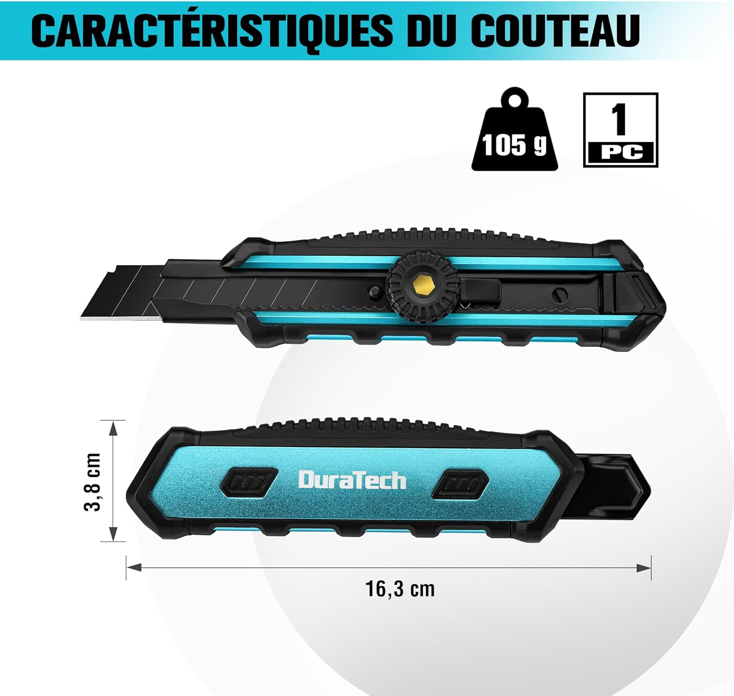 Detalle de DURATECH Cutter Professionnel 18 mm avec 10 lames SK5 – précision et confort pour papier, carton et bricolage
