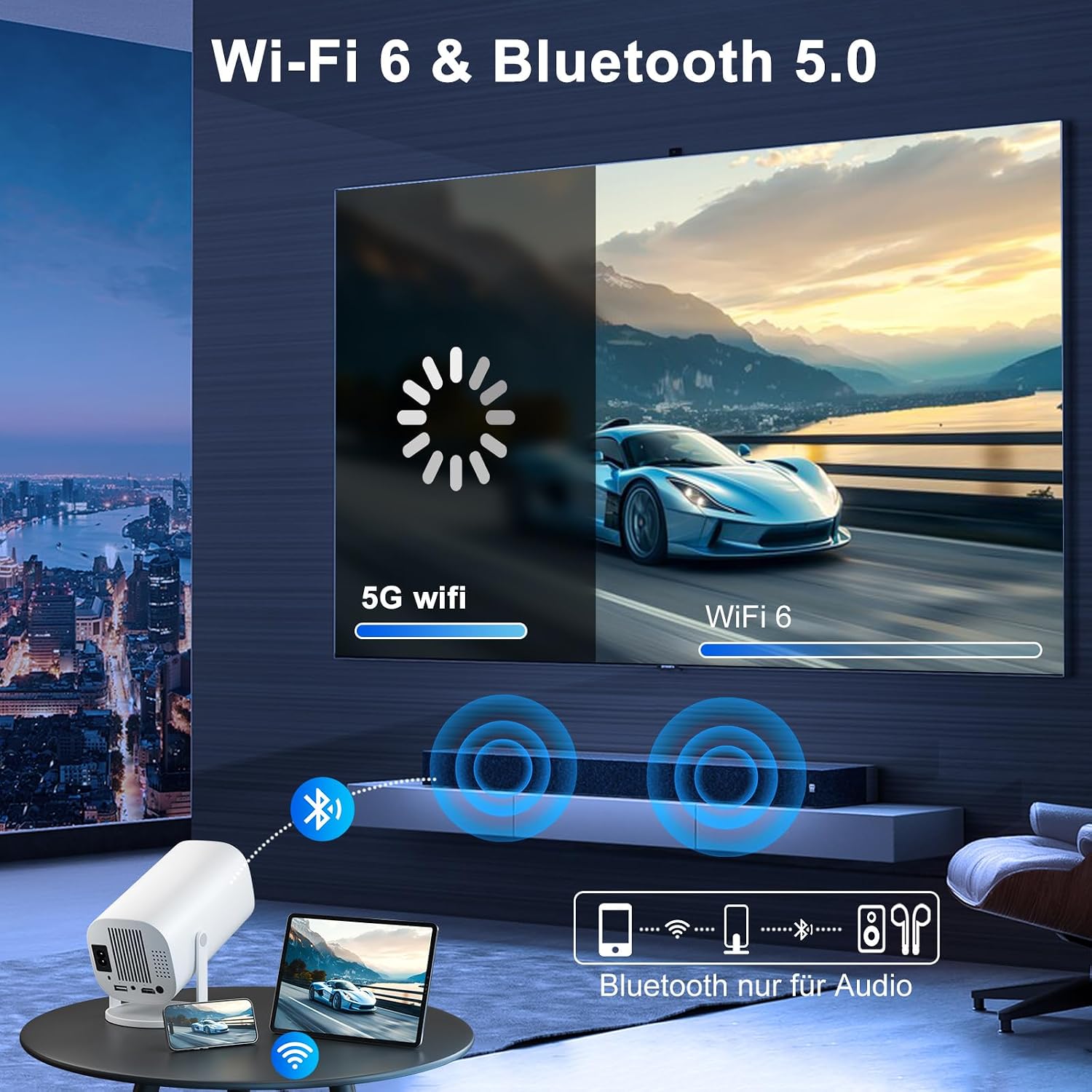 Detalle de Mini Beamer – Smart Projektor Full HD 1080P mit WiFi 6, Bluetooth 5.2 und Android-TV