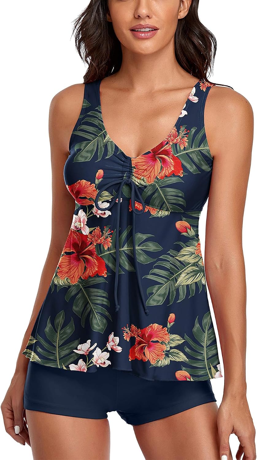 Detalle de Wihnsinop Tankini Damen Bauchweg Set mit Push-Up Oberteil und Badeshorts – Zweiteiler, Retro-Print, Sommerbadebekleidung