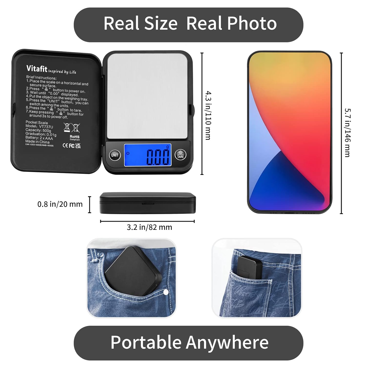 Detalle 2 de Vitafit VT737 digitale zakweegschaal, 500 g, nauwkeurig tot 0,01 g
