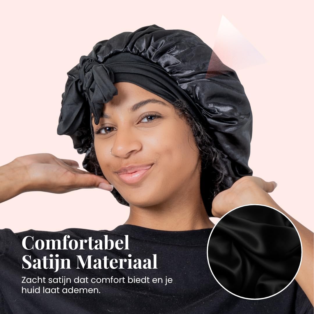 Detalle de Beyeza satijnen slaapmuts 2 stuks, dubbel gevoerd, 36 cm, zwart