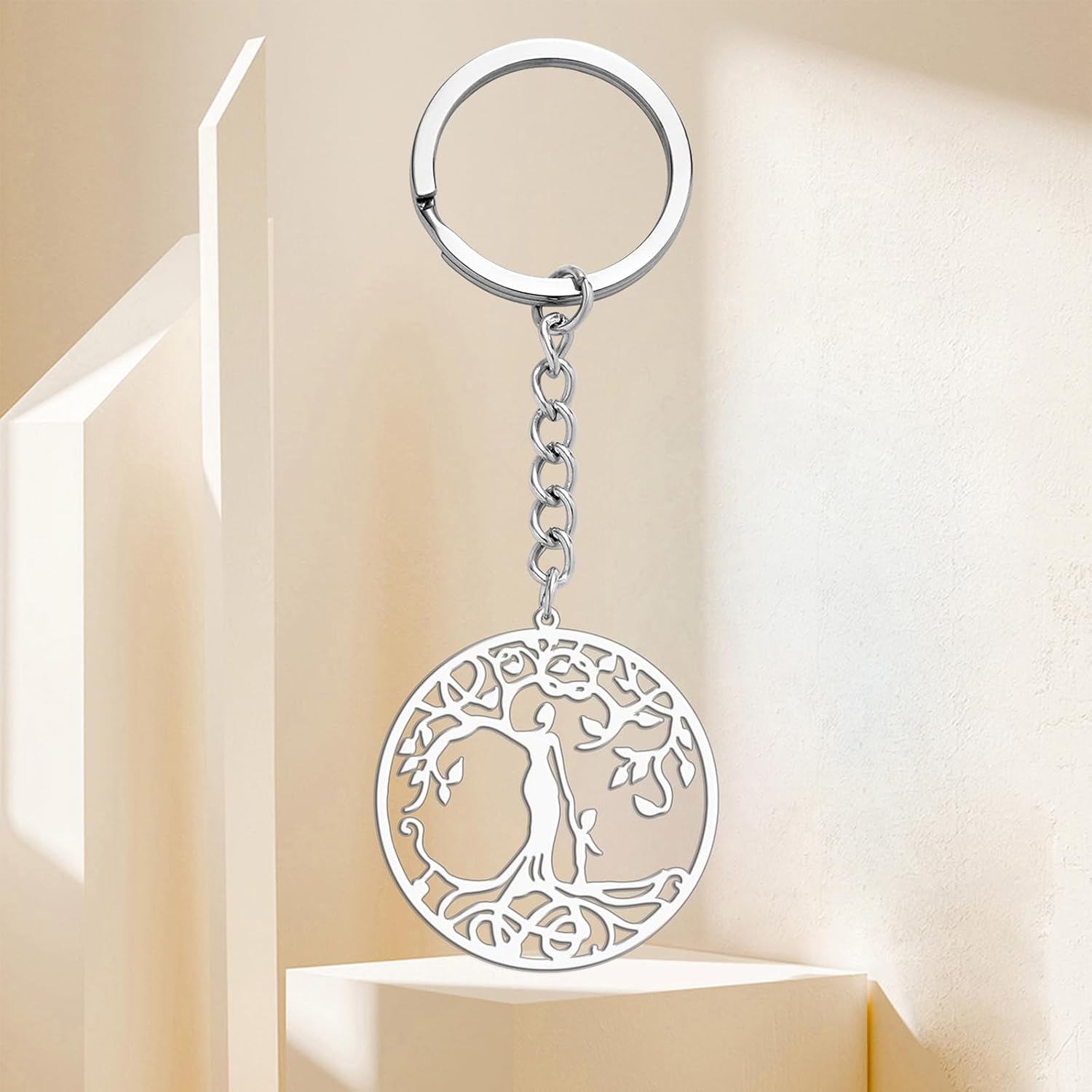 Detalle de VASSAGO Baum des Lebens Schlüsselanhänger aus Edelstahl (2,5 cm) mit Sonne & Mond Motiv