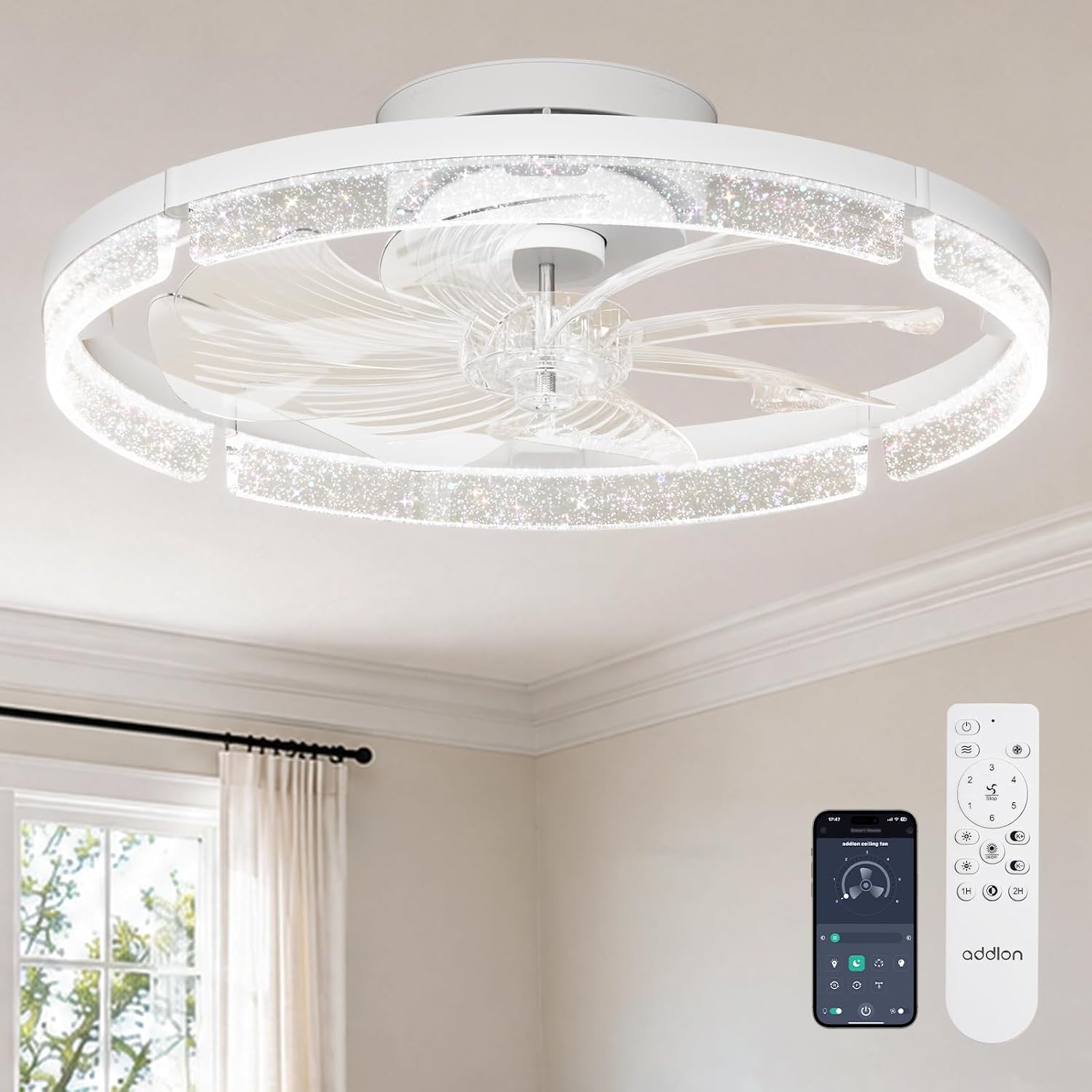 Detalle de addlon NFM024112-14 20-inch Ceiling Fan with Light, Flush Mount, Dimmable LED