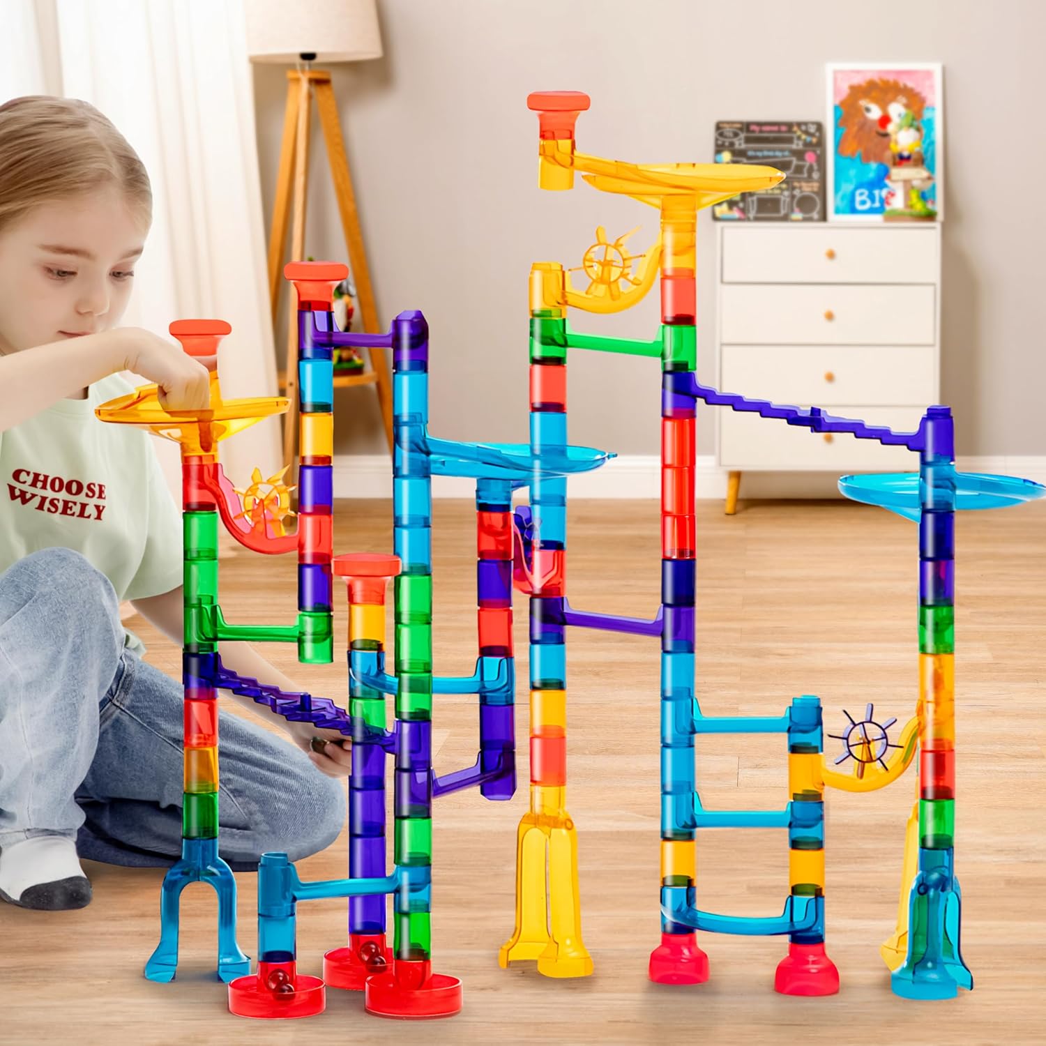 Detalle de JOYIN 150-Piece Marble Run Premium Set with Transparent Tracks and Glass Marbles