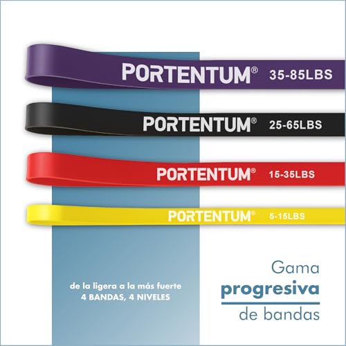Thumbnail 1 de PORTENTUM Gomas elasticas musculacion – Set de 10 bandas de resistencia (4 niveles) para entrenamiento en casa