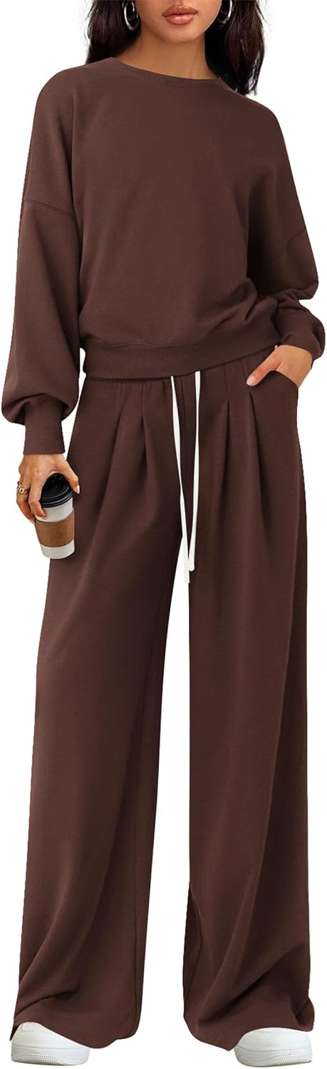 Detalle de PRETTYGARDEN PR1122 Two-Piece Lounge Set with Crew-Neck Top and Wide-Leg Pants