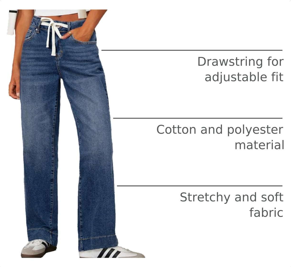 Detalle de Sidefeel Women’s High-Waisted Wide-Leg Drawstring Jeans (Stretch Straight/Baggy)
