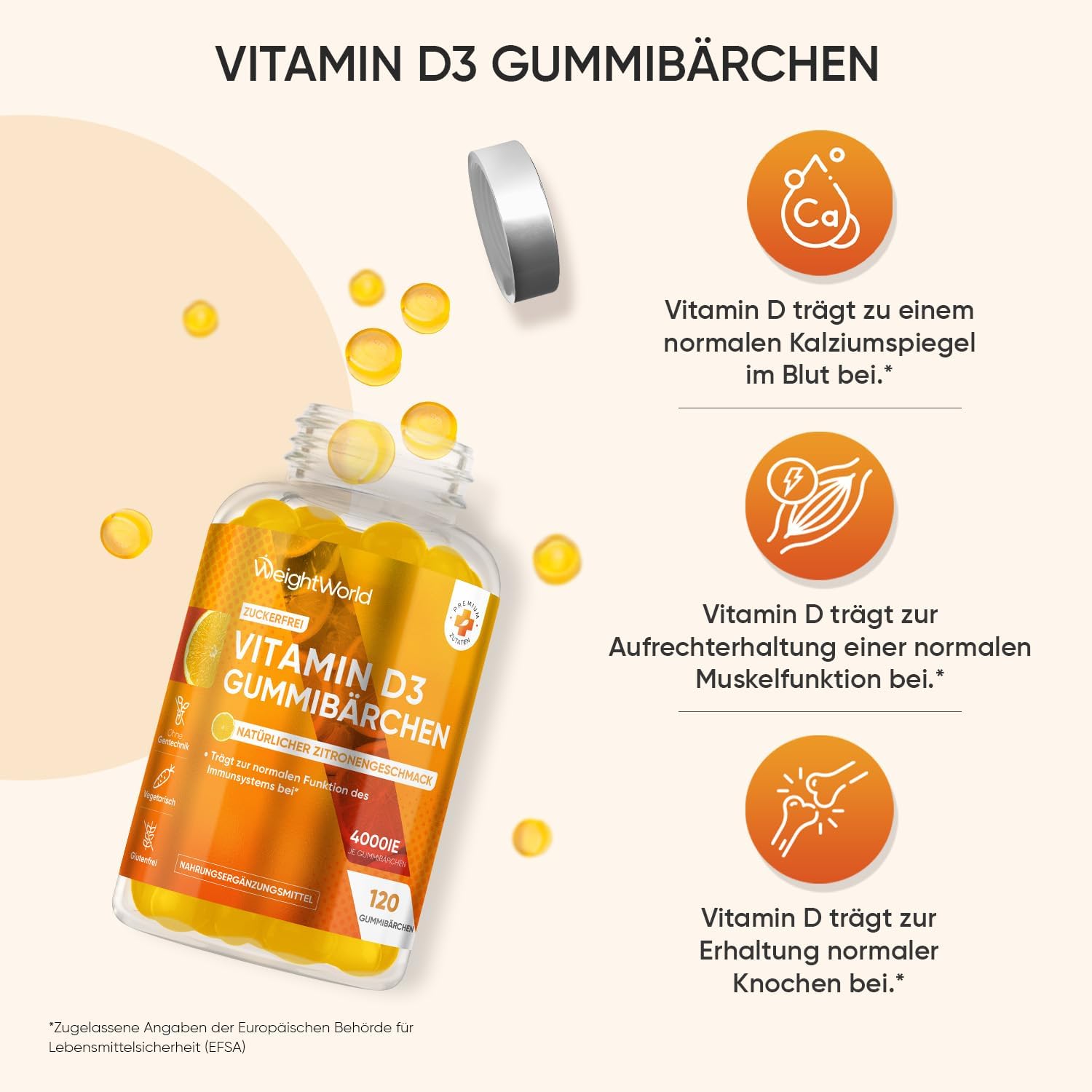 Thumbnail 5 de WeightWorld Vitamin D3 Gummies 4000 I.E. – 120 zuckerfreie Gummibärchen mit Zitronengeschmack