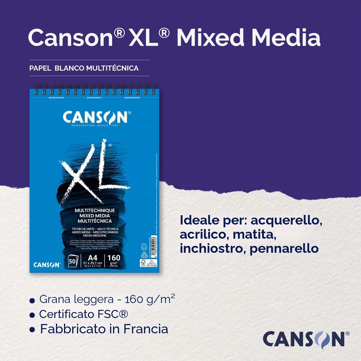 Detalle 2 de Canson XL Mix Media Tessuto Album spirale Microperforato A4, 50 fogli, 160 g