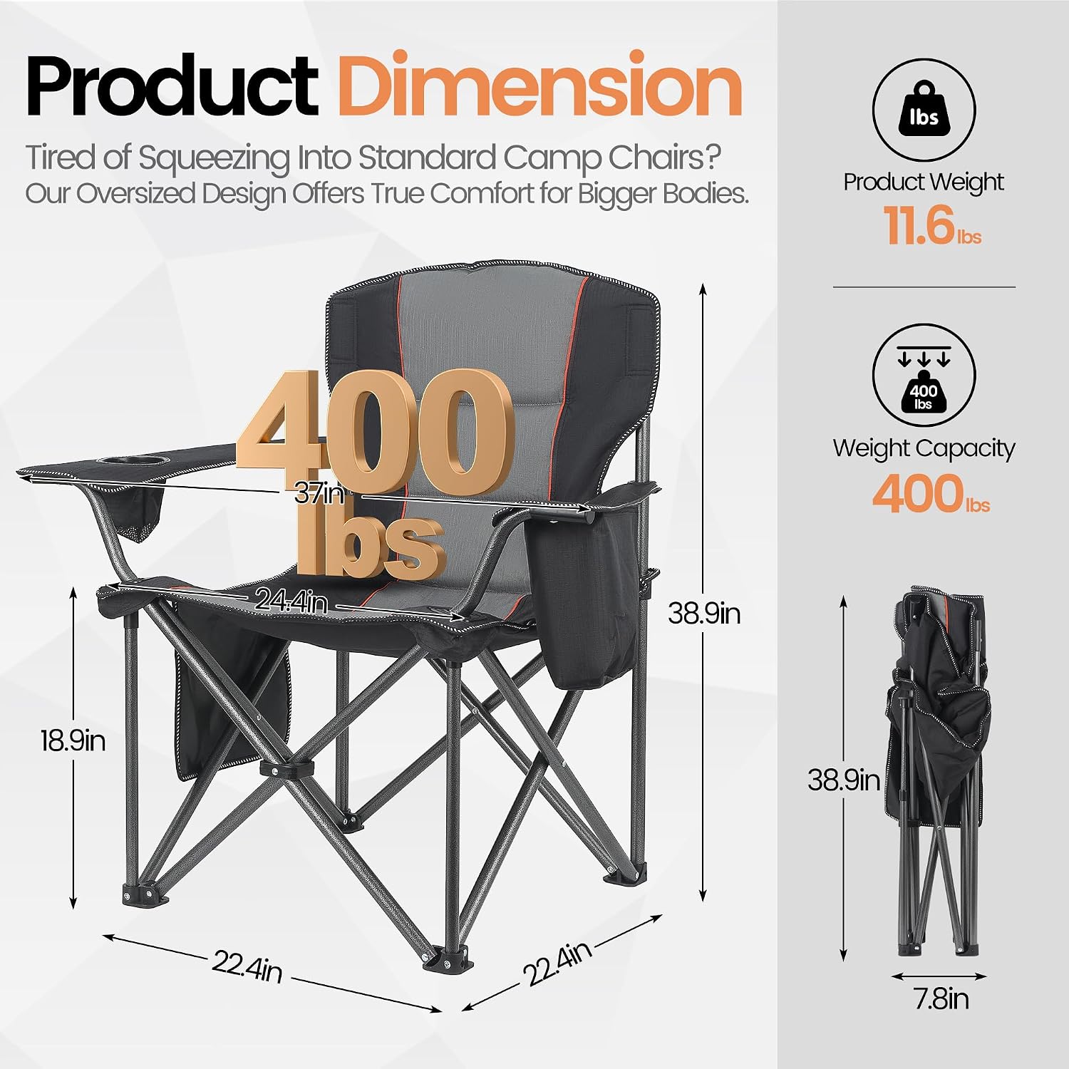 Thumbnail 1 de WEIDIORME Oversized Folding Camping Chairs, 2-Pack, 400 lb Capacity, Black