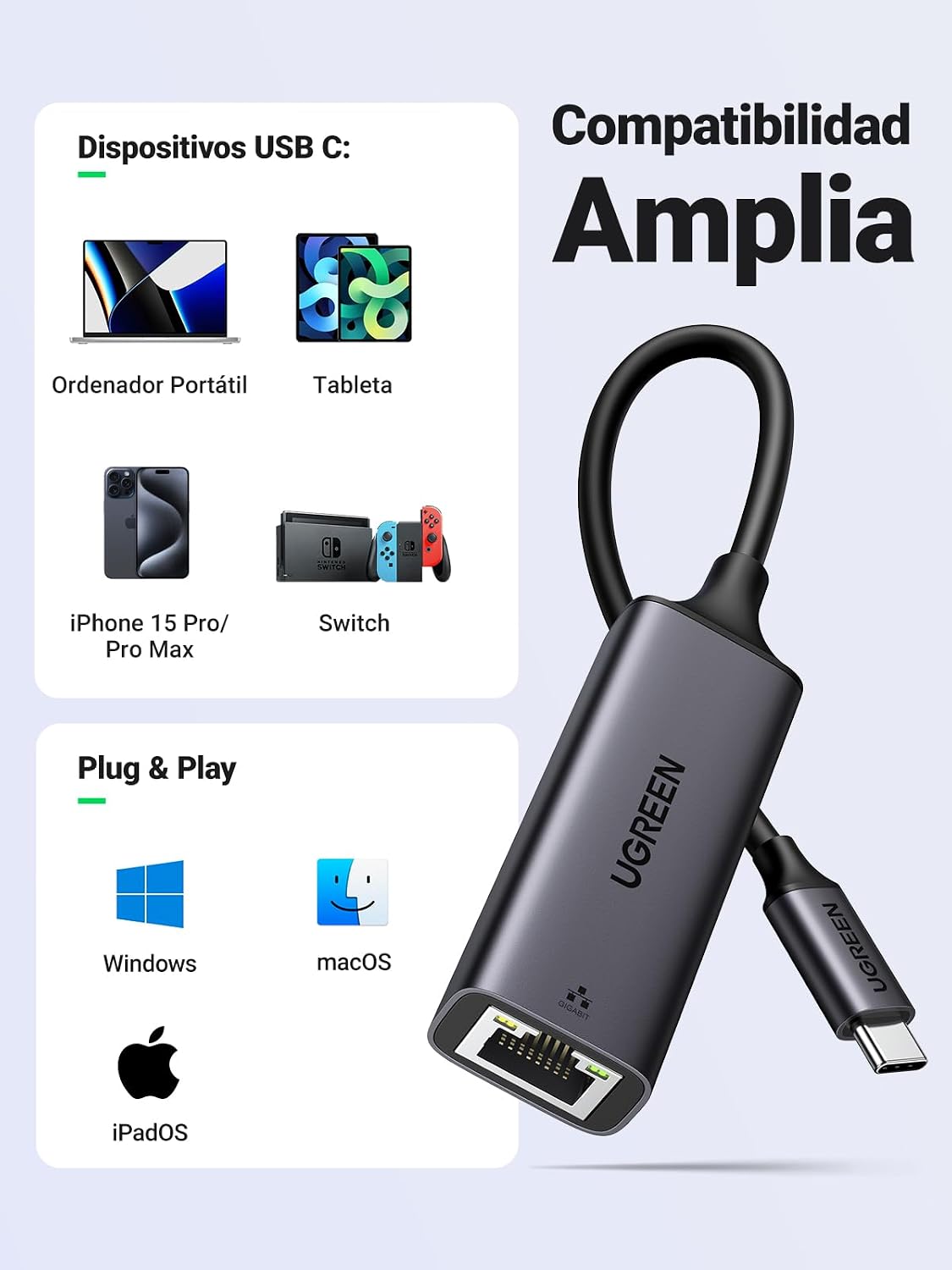 Thumbnail 3 de UGREEN Adaptador USB-C a RJ45 🌐 Ethernet Gigabit 1000Mbps