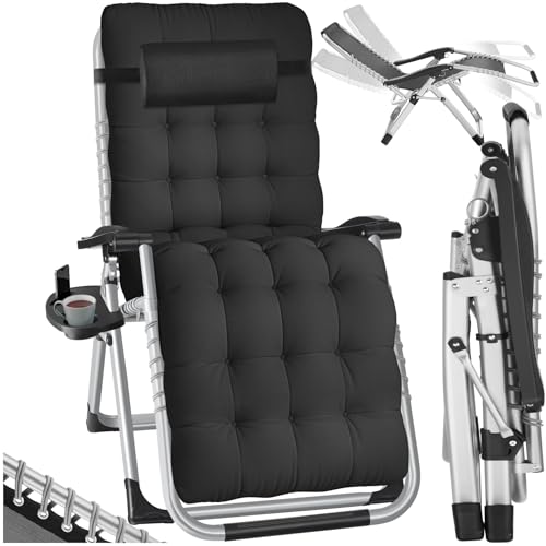 tectake Fauteuil de Jardin Chaise Longue Pliable & Inclinable avec Rembourrage et Appuie-tête Amovible