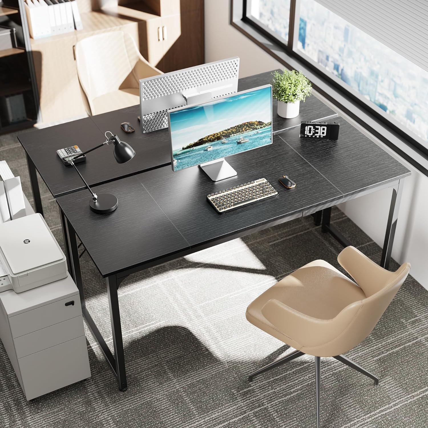 Detalle de Huuger 63-Inch Modern Desk, Black Metal Frame for Gaming and Writing
