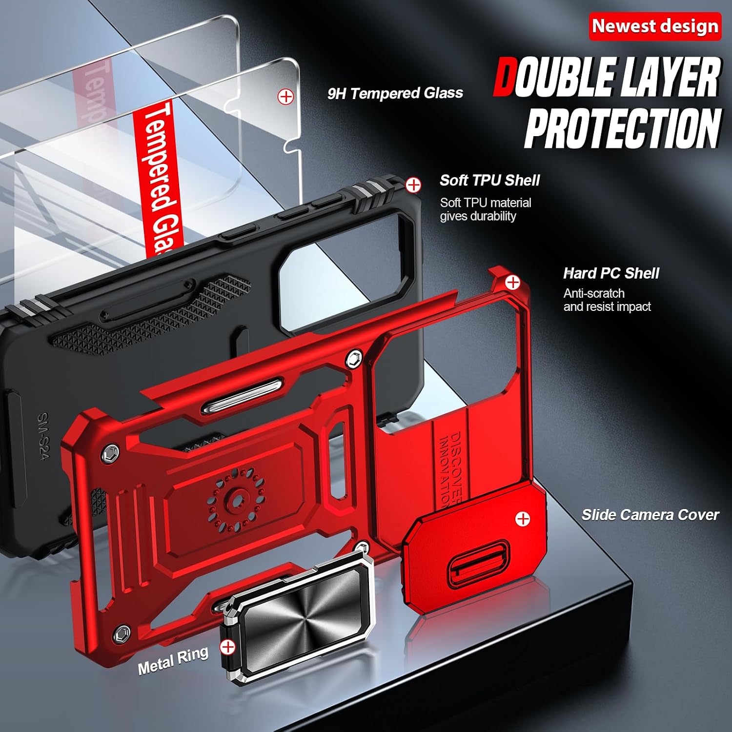 Detalle de LeYi for Samsung Galaxy S25 phone case with sliding camera lens cover and rotatable kickstand (Red)