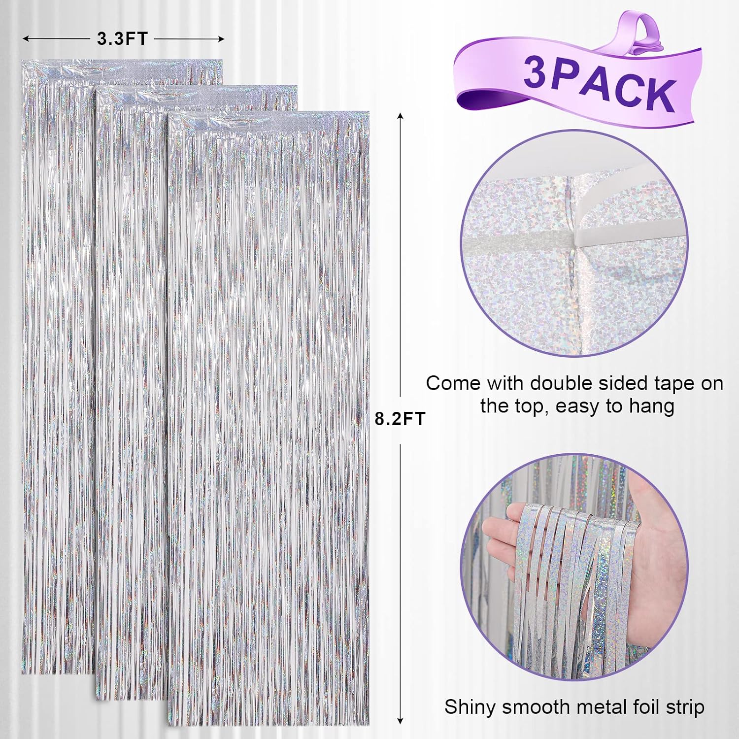 Thumbnail 2 de Voircoloria Foil Fringe Curtains Laser Silver 3-Pack