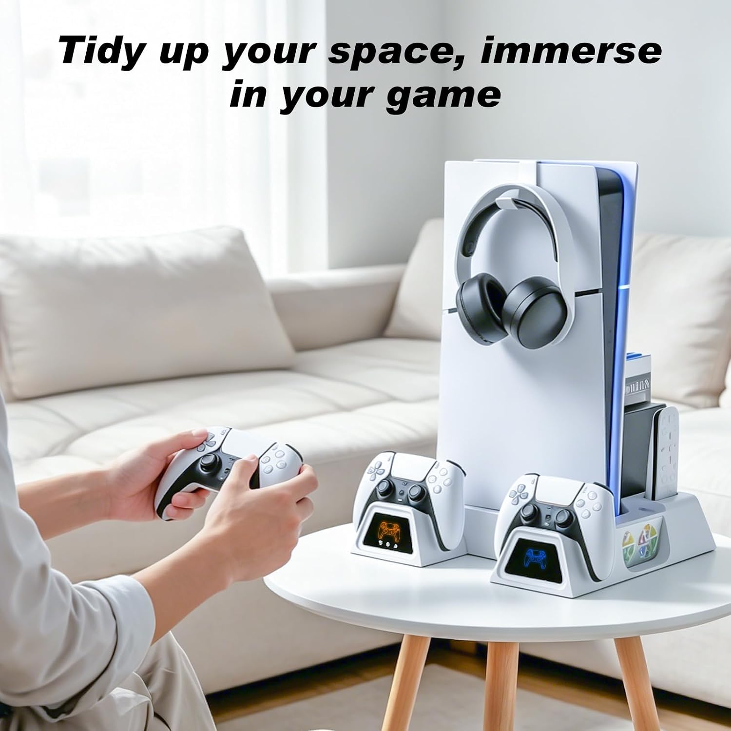 Detalle de Nonbliep LED Stand and Cooling Station for PS5 (Digital/Disc, Slim, Pro) with Dual Controller Charging and 9-Disc Storage