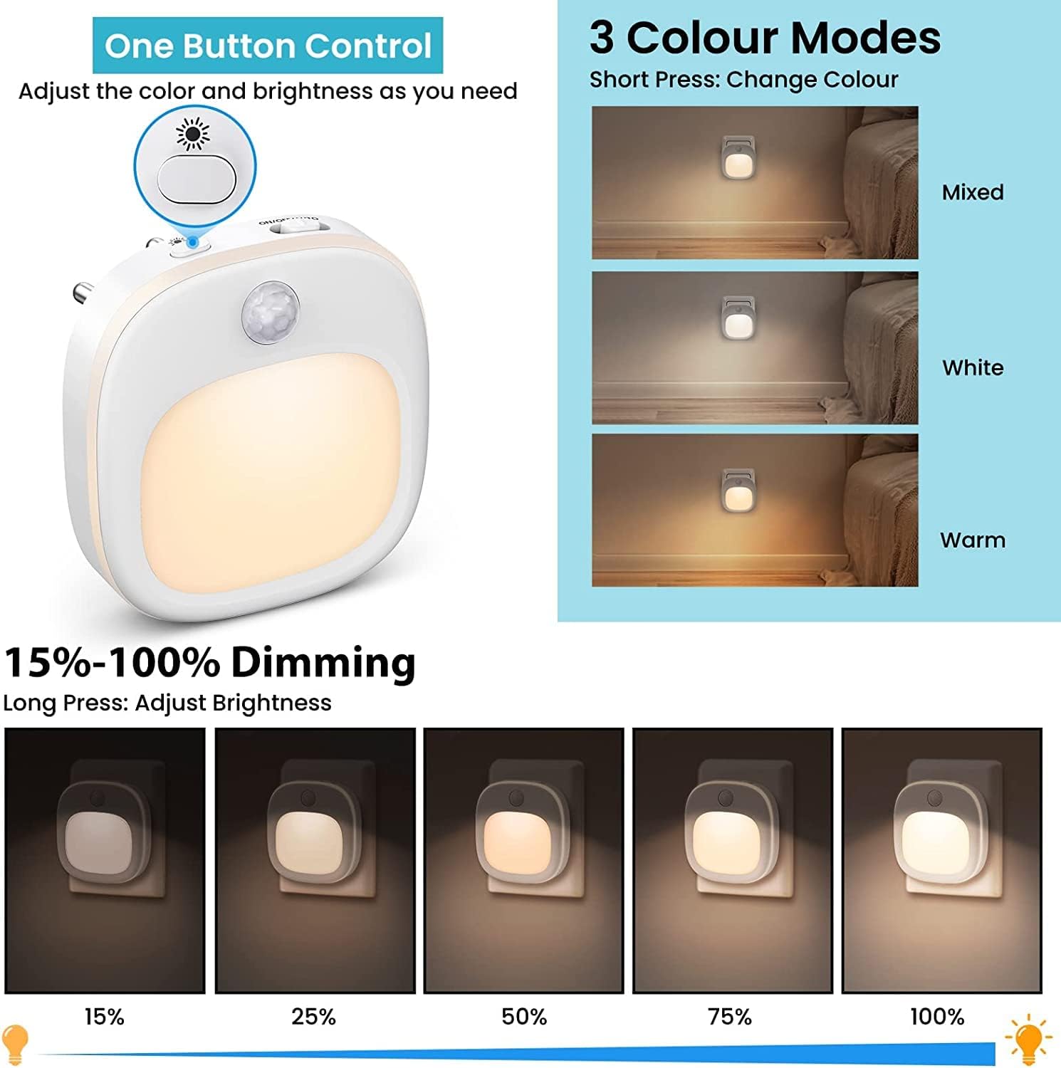 Detalle 2 de Nachtlicht-Steckdose mit Bewegungsmelder (3er-Set) – LED Nachtlichter für Kinderzimmer, Flur & Treppen mit 3 Farbtemperaturen