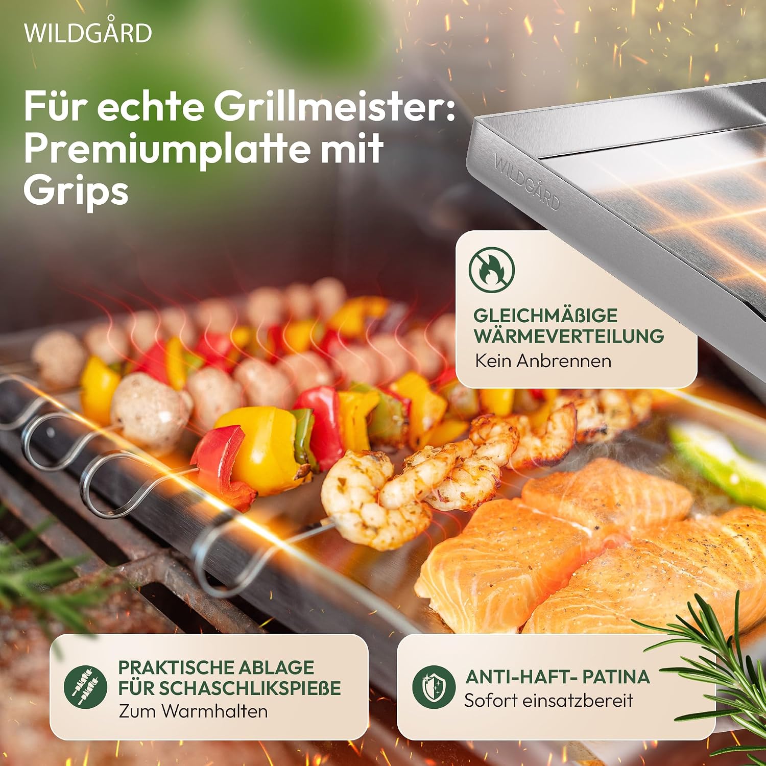 Detalle de WILDGÅRD Grillplatte Plancha 40 x 30 cm aus rostfreiem Edelstahl – inkl. 2 Grillspachtel & 5 Spieße