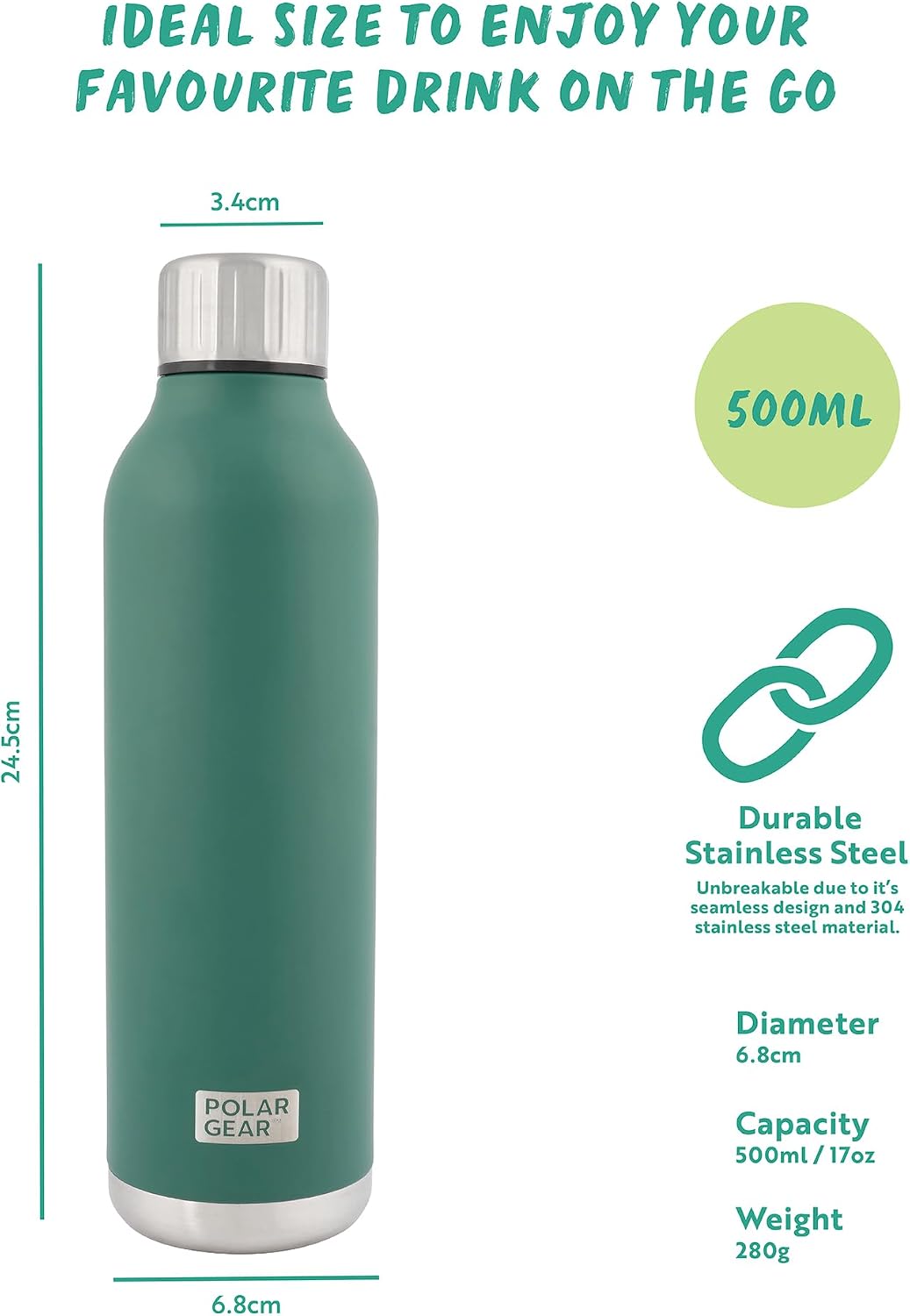 Thumbnail 3 de Polar Gear Stainless Steel Water Bottle – 500ml Vacuum Insulated, Leakproof, Green