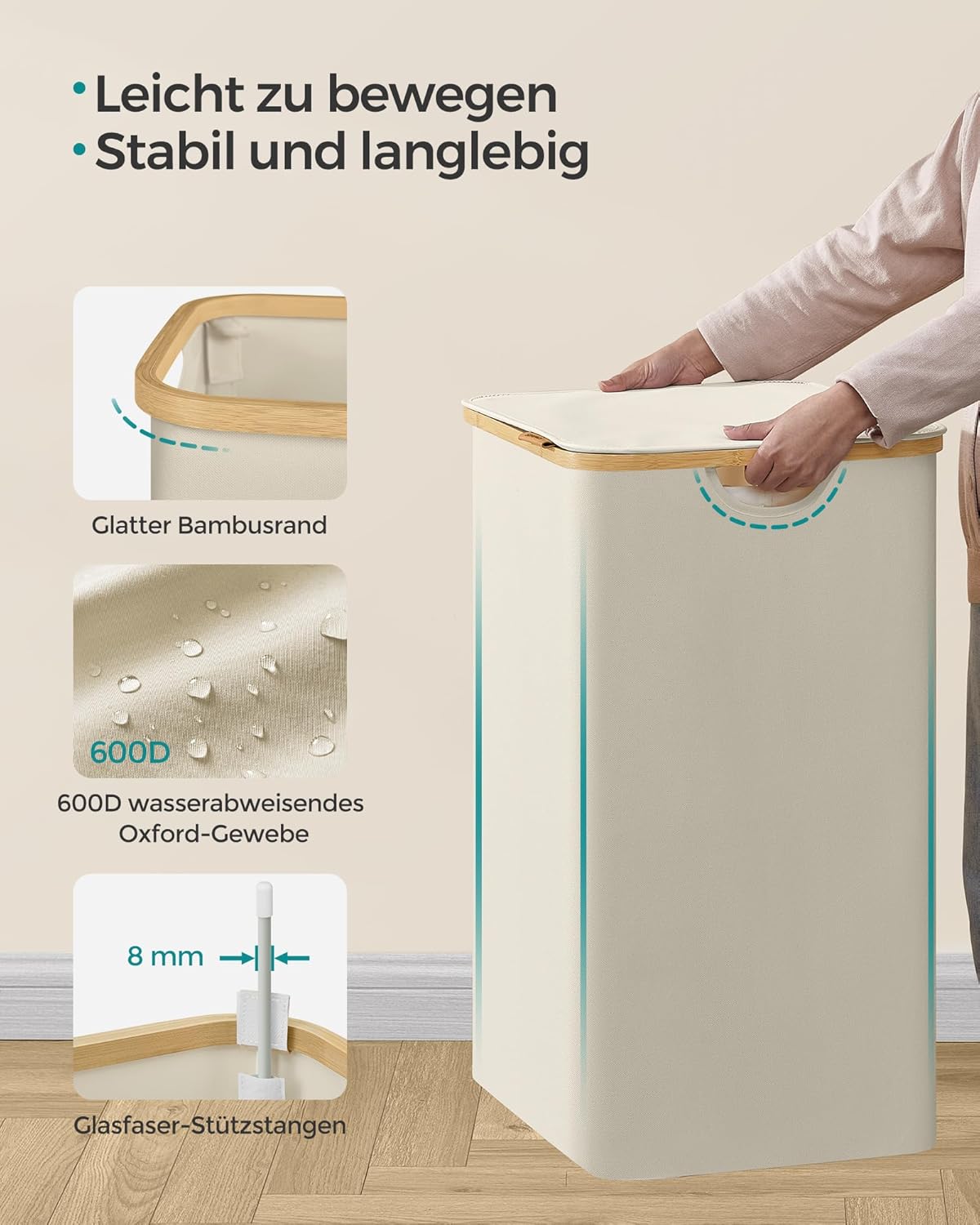 Thumbnail 6 de SONGMICS Wäschekorb mit Deckel LCB513LJ01 – 130 L, 2 Fächer, herausnehmbare Säcke, 600D Oxford-Gewebe, Bambusgriffe, faltbar, kamelbraun