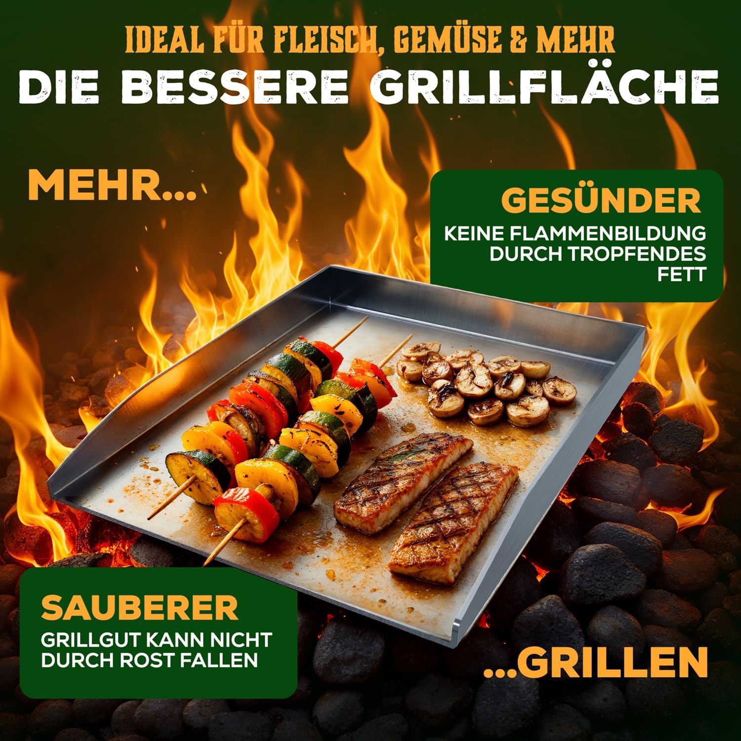 Detalle de Blumtal Grill-Plancha Set aus Edelstahl (30×40 cm) inkl. 2 Spachteln & Ölflasche