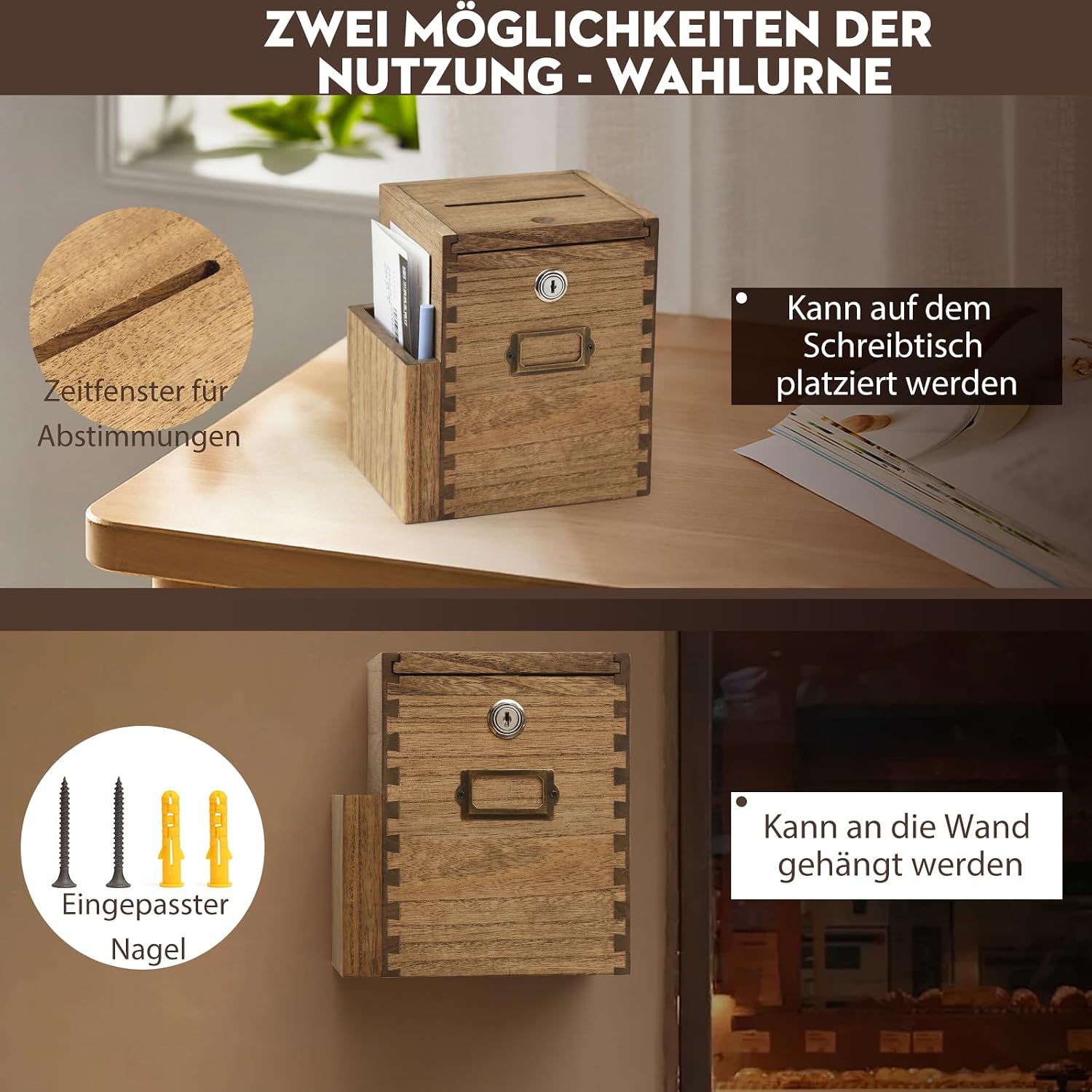 Detalle de KIRIGEN houten adviesbox met slot, zijvak en wandbevestiging