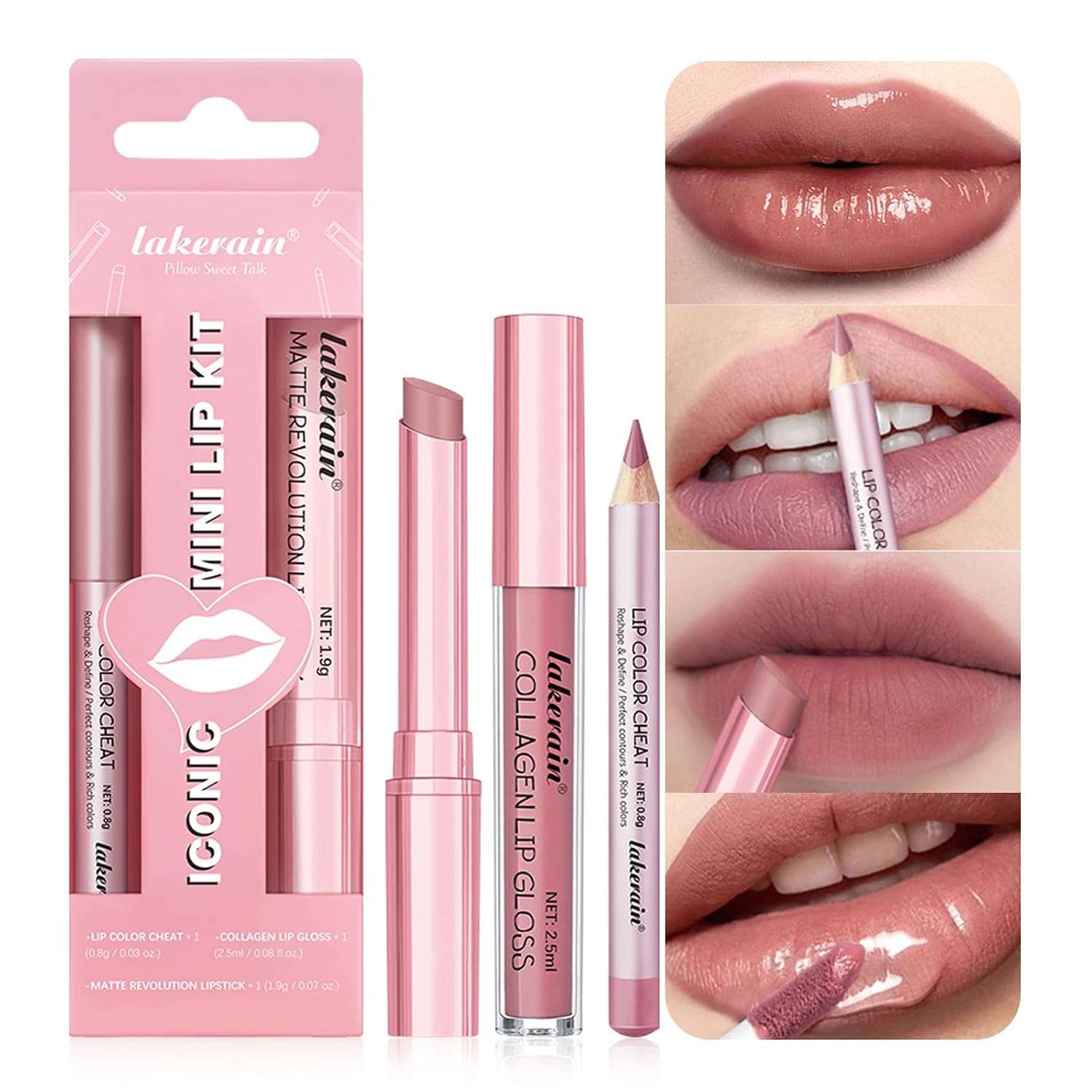 Detalle 2 de 3-Piece Nude Pink Lip Set with Lip Liner, Velvet Matte Lipstick & Collagen Gloss