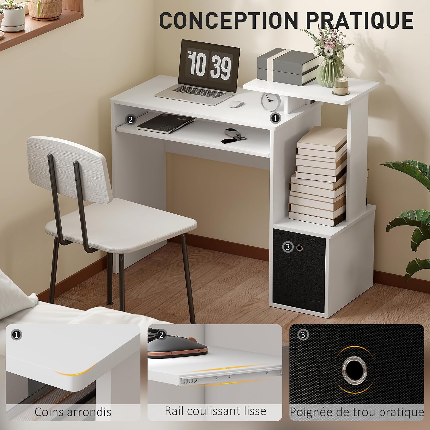 Detalle de HOMCOM Bureau informatique multimédia avec étagères, tablette et clavier – 100 x 40 x 86,6 cm, noir/blanc