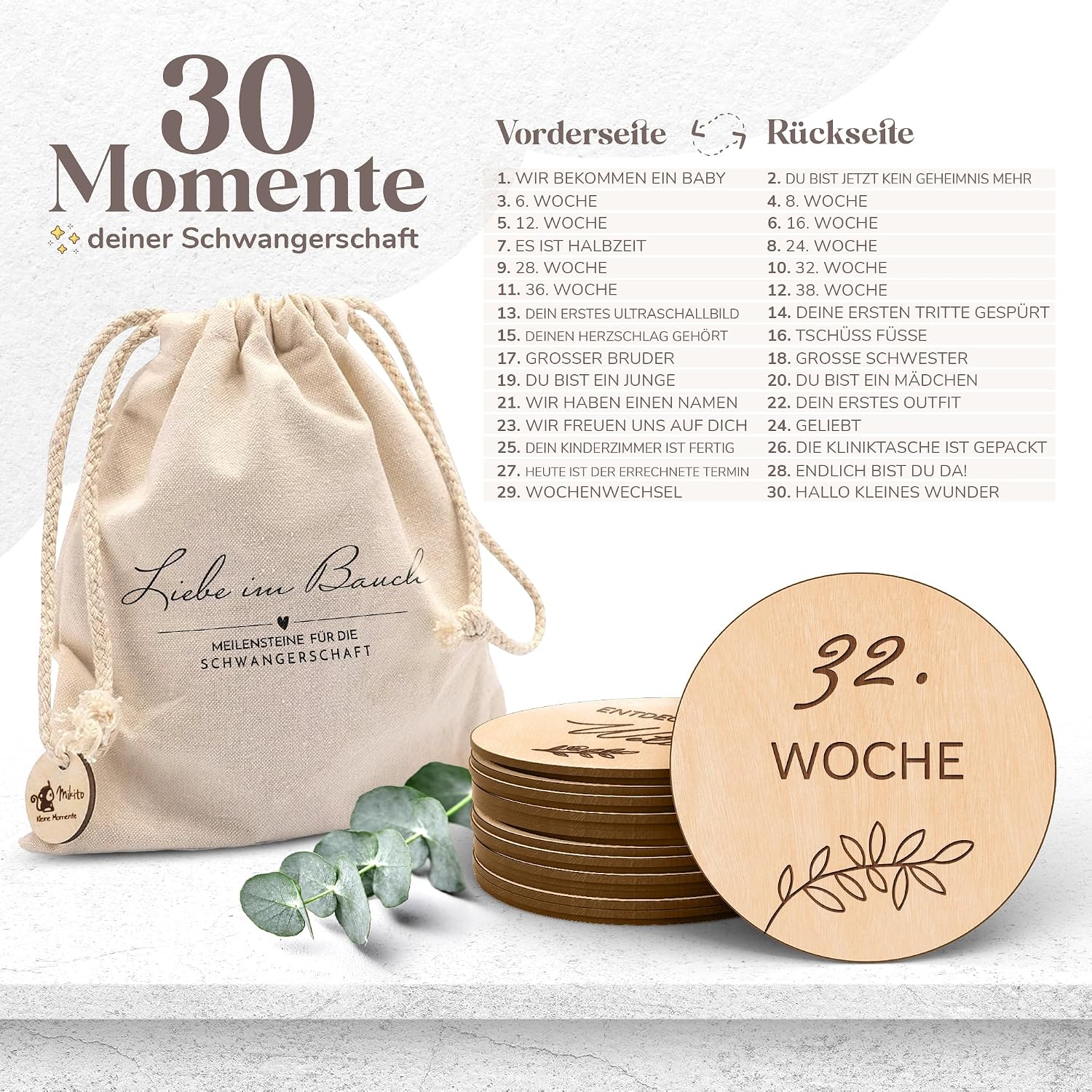 Thumbnail 4 de Holz-Meilensteinkarten „Schwangerschaft“ – 30 Holzscheiben im Geschenk-Set für werdende Eltern