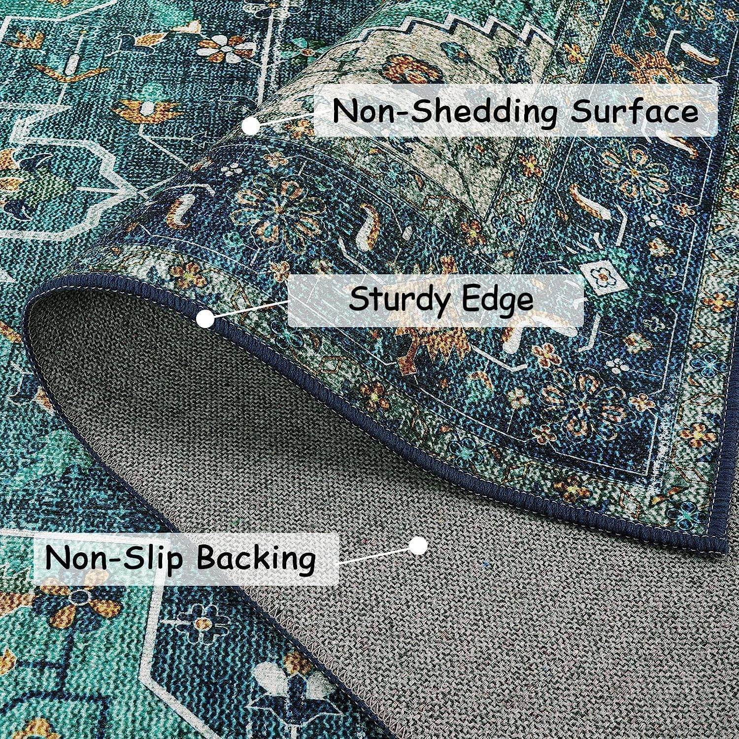 Detalle de Moynesa Ultra-Thin 4 ft Round Area Rug, Teal Oriental Floral, Washable Low-Pile