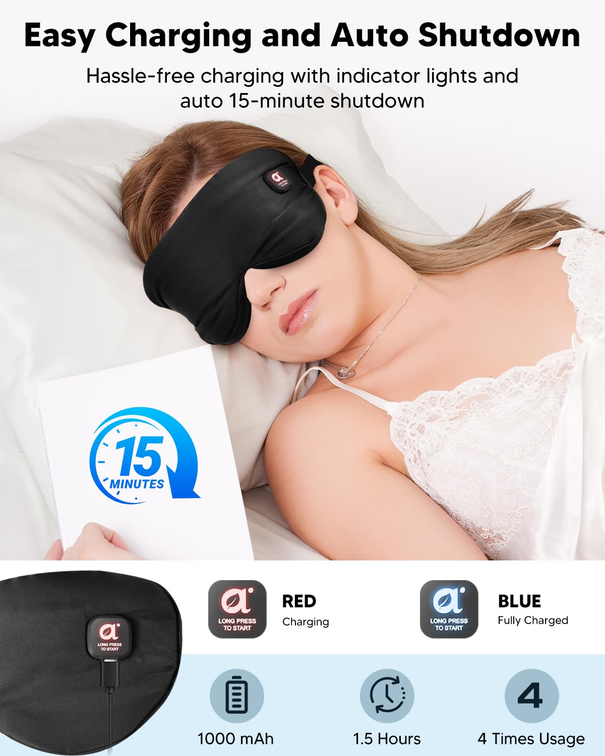Detalle 2 de arboleaf Wärmbrille kabellos – Augenmaske mit 3-stufiger Wärme für trockene Augen und besseren Schlaf (Schwarz)