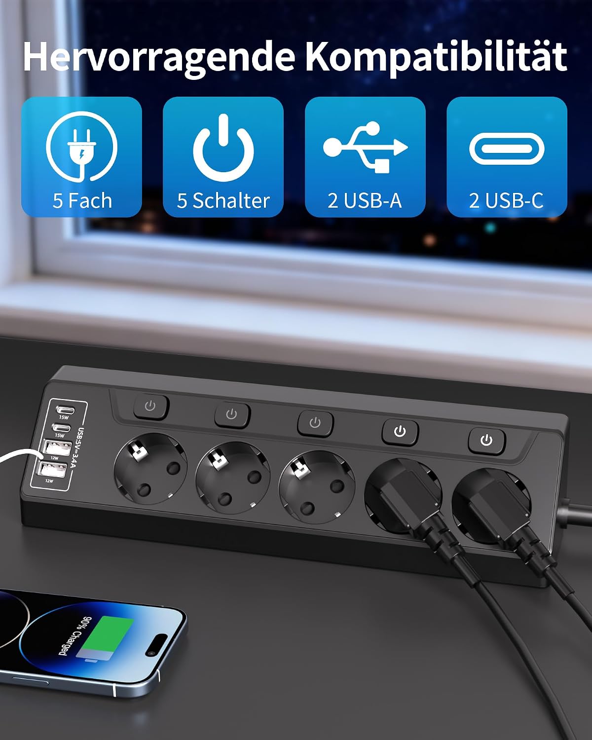 Thumbnail 1 de RivHillX Tischsteckdose Steckdosenleiste mit USB (schwarz) – 5-fach, einzeln schaltbar