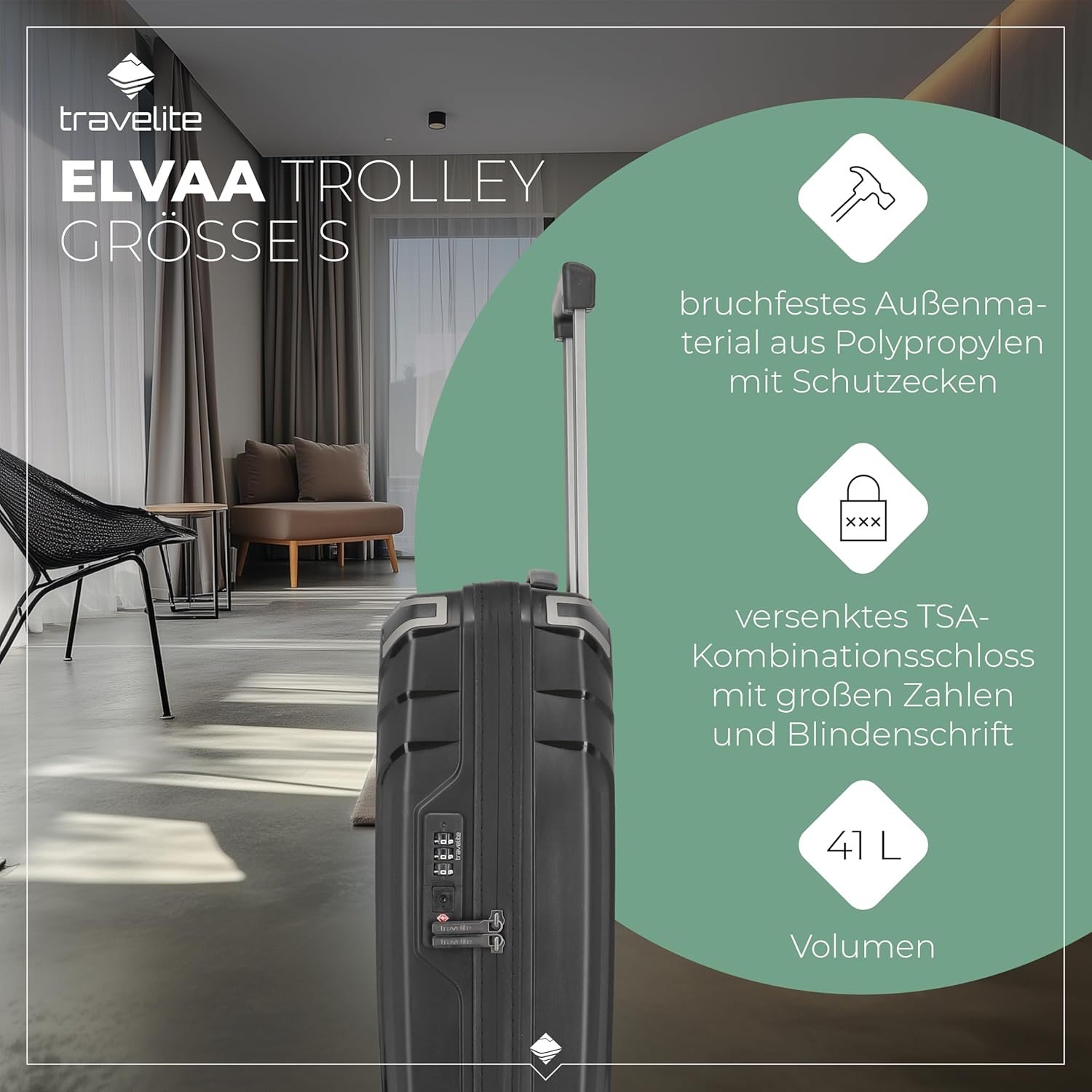 Detalle 2 de Travelite ELVAA 55 cm Hartschalen-Handgepäckkoffer klein – 41 Liter, recyceltes Innenfutter