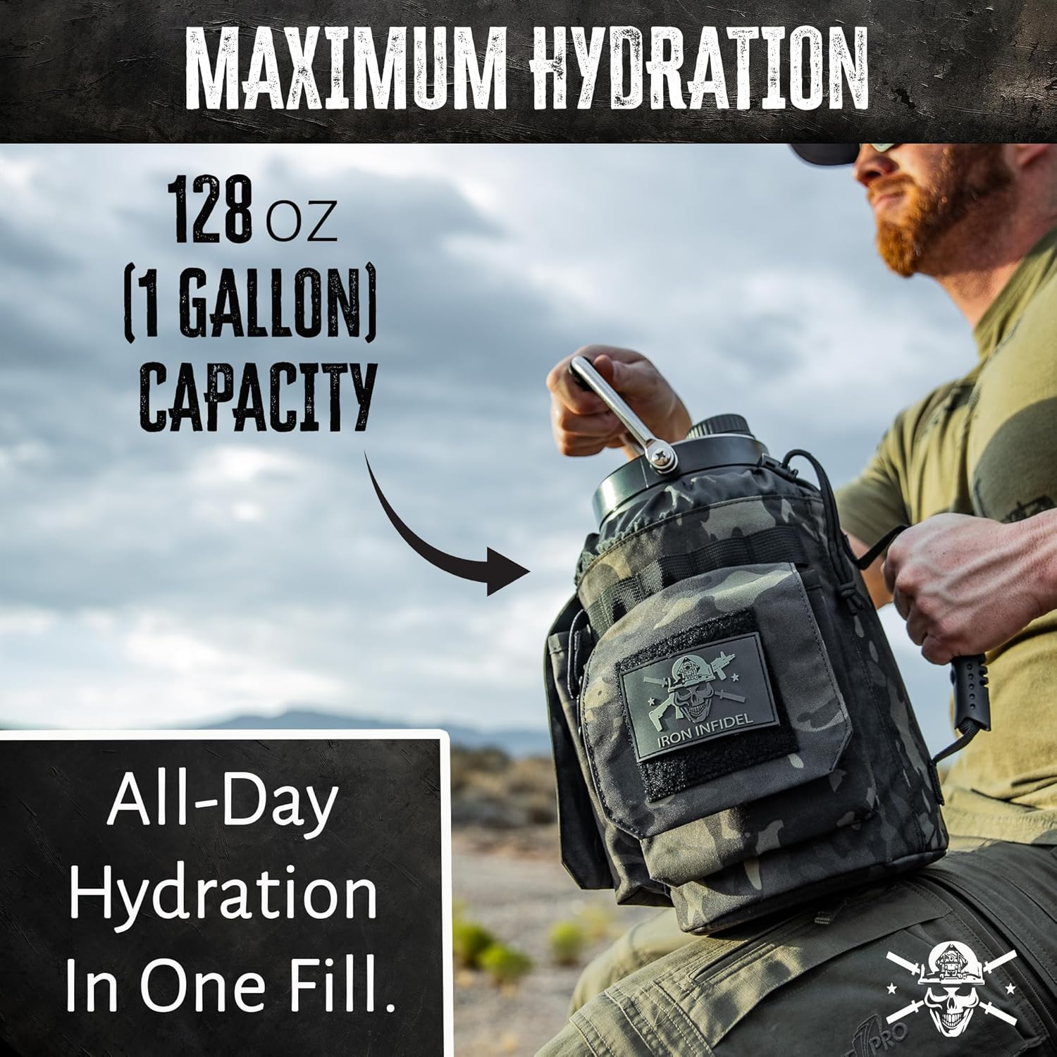 Detalle 2 de Iron Infidel Battle Bottle 128 oz Insulated Water Jug with Dual Handles and Rugged Sleeve (Black Camo)