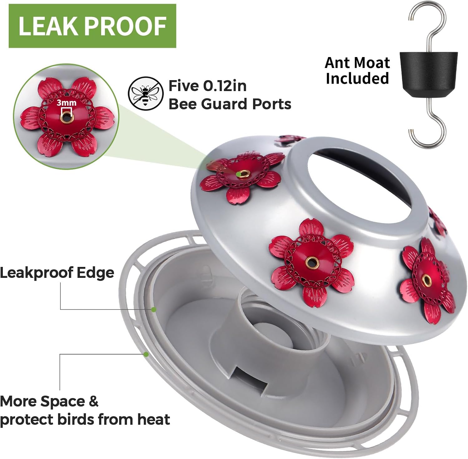 Detalle de BOLITE Hummingbird Feeder (Hand-Blown Glass) with Ant Moat and 5 Feeding Ports, 22 oz