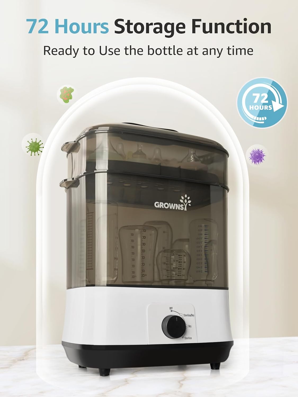 Detalle de GROWNSY 4-in-1 Baby Bottle Sterilizer and Dryer, 360° Steam, 72-Hour Storage