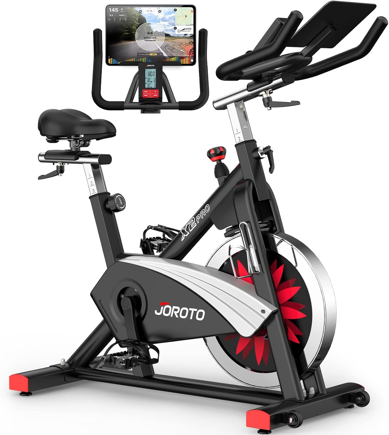 Detalle de JOROTO X2PRO hometrainer met Bluetooth, magnetische weerstand en riemaandrijving