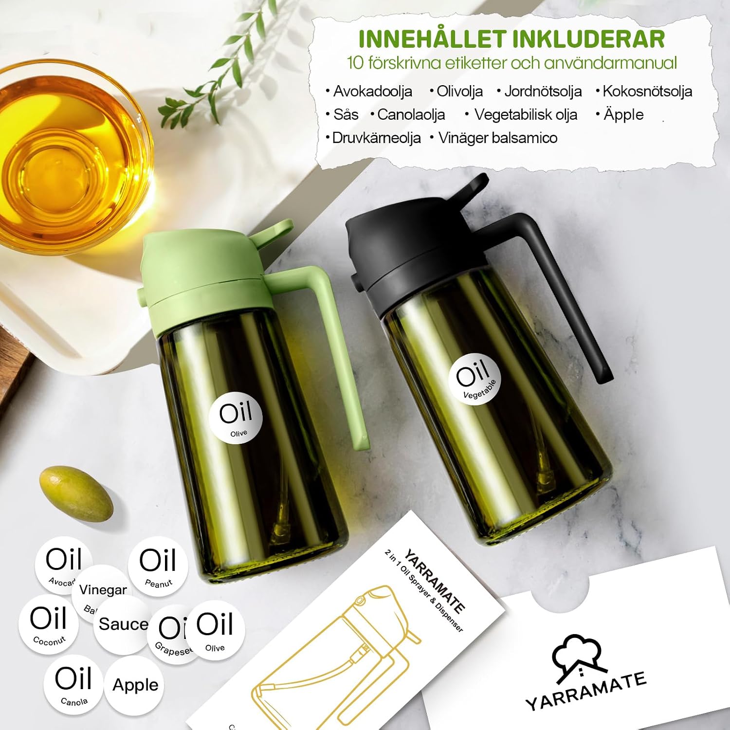 Detalle 2 de YARRAMATE OS470-DarkGreen oljespruta 470 ml i mörkgrönt glas, 2-i-1