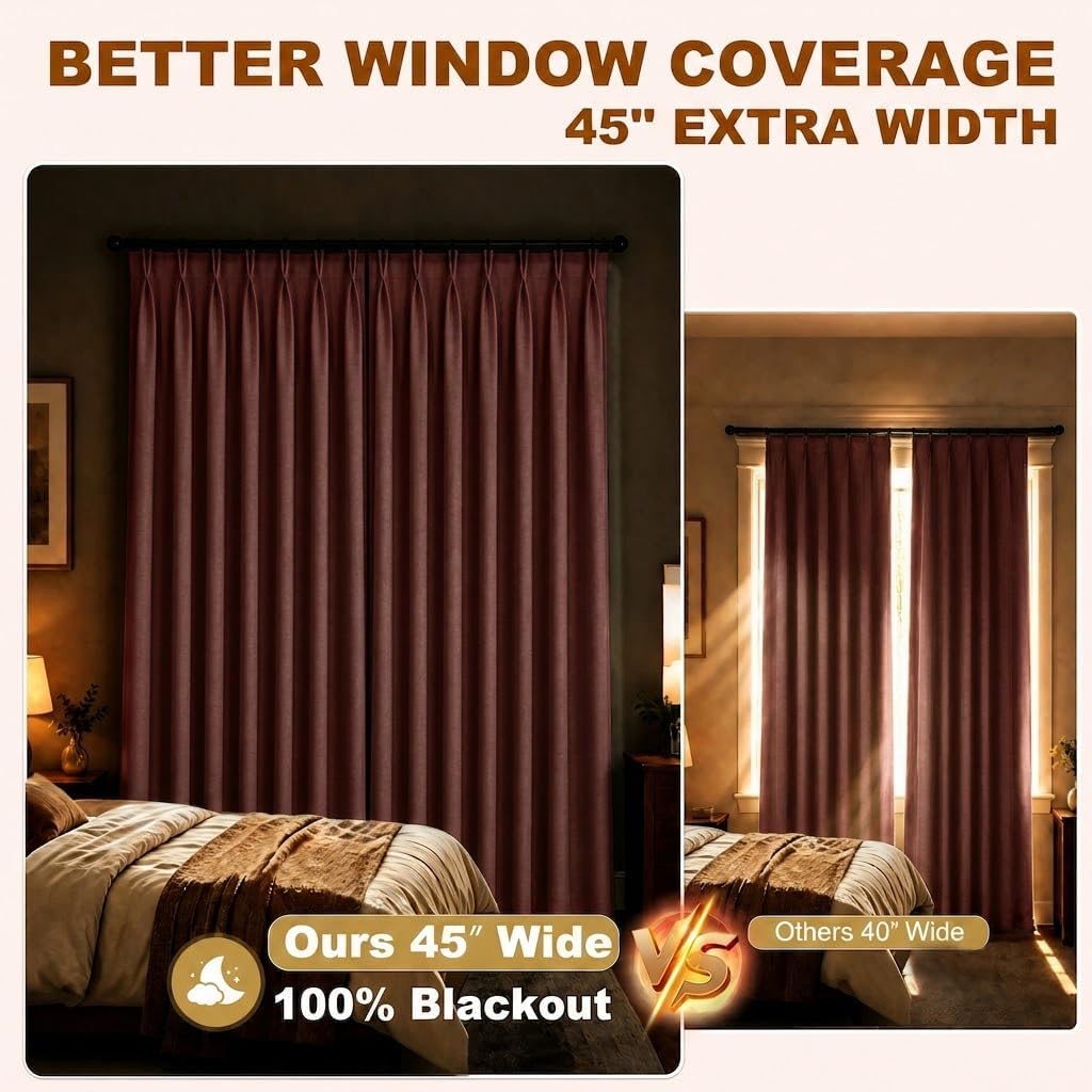 Detalle de Lirien Linen curtain 96-Inch Blackout Curtains, Chestnut Brown, Pinch Pleat