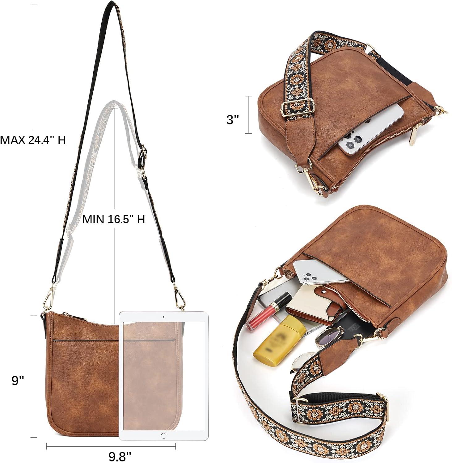 Thumbnail 3 de BOSTANTEN Crossbody Bags for Women — Vegan Leather, Wide Strap, Brown
