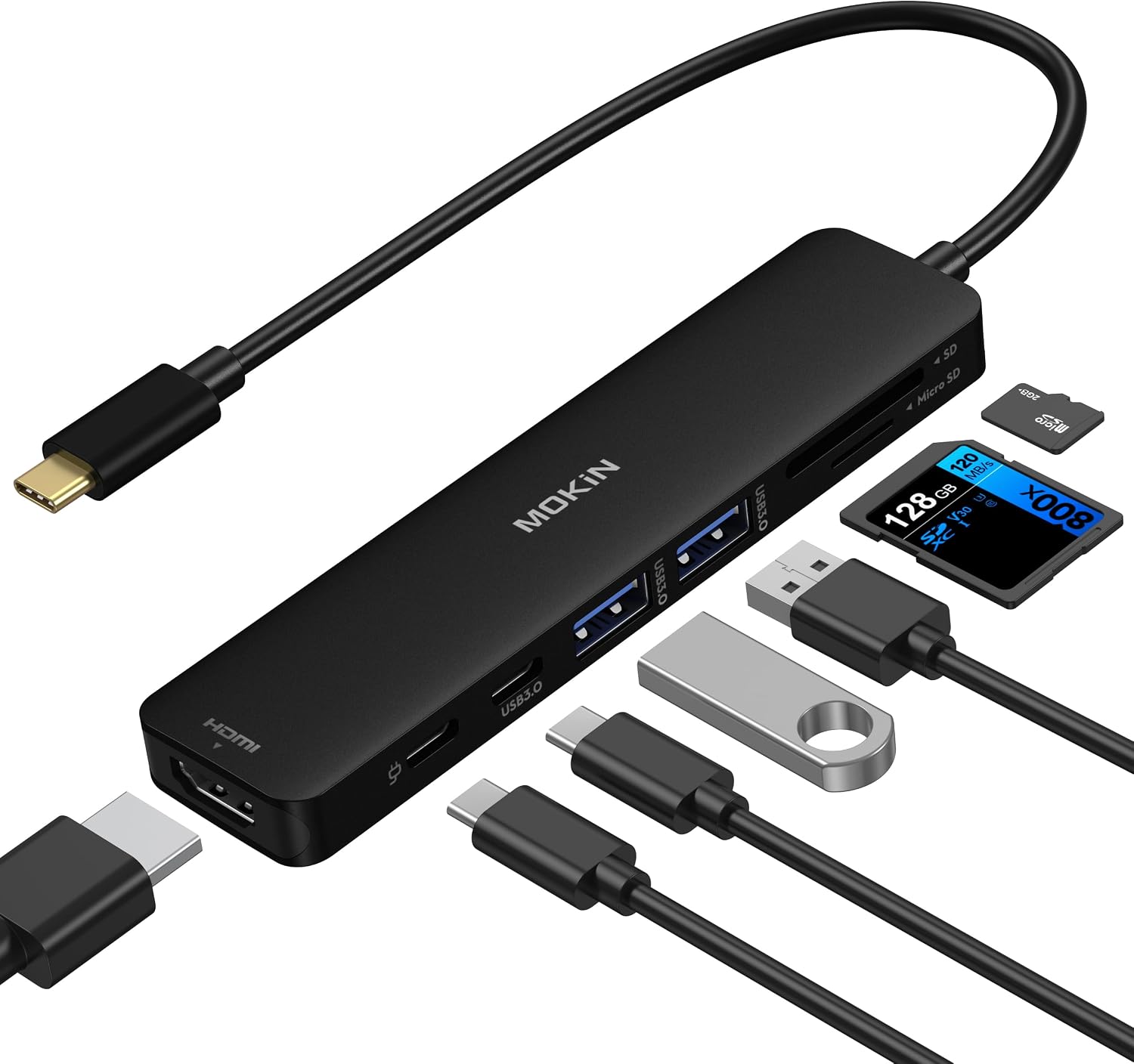 Detalle de MOKiN 7-in-1 USB C HDMI Hub for MacBook Pro/Air: 4K @60Hz, 2x USB 3.0, SD/microSD, 100W PD