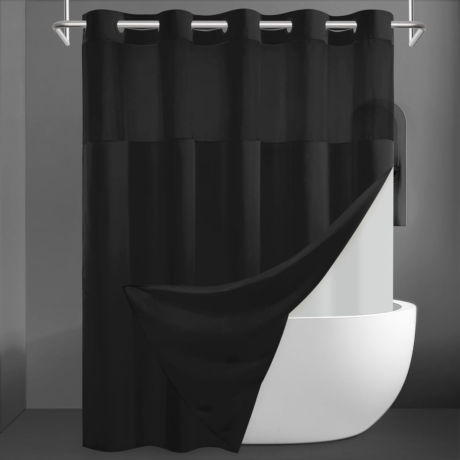 SORTTO No Hook Slub Textured Shower Curtain with Snap in Liner — Black Fabric Outer Curtain + Waterproof Inner Liner (71x74 in)