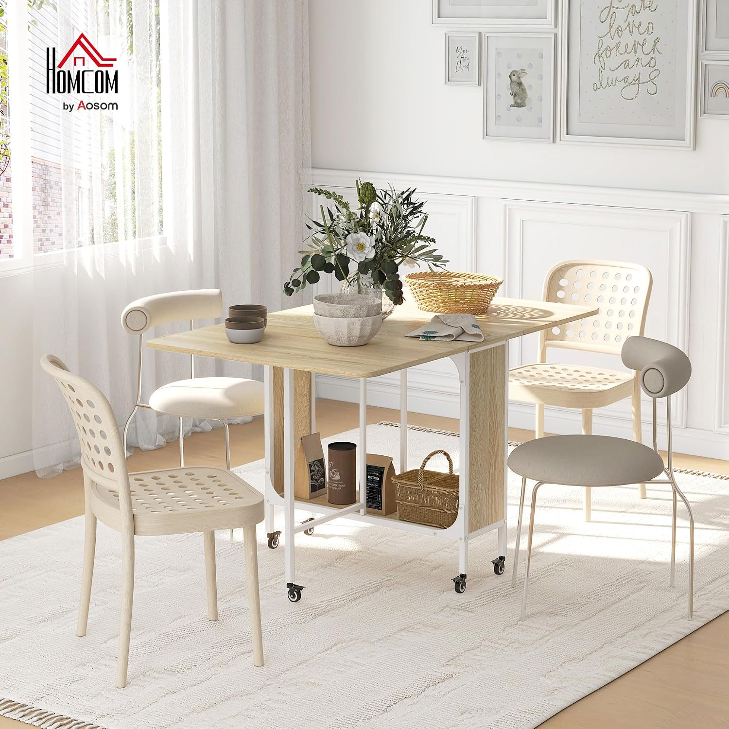 Detalle 2 de HOMCOM 835-789V00ND Folding Dining Table, Drop-Leaf, 6 Wheels and Storage Shelf