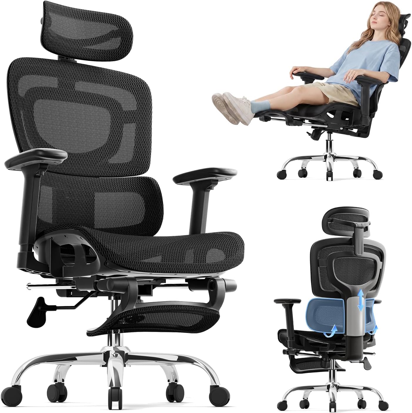 Detalle de marrap WW805 Ergonomic Mesh Office Chair with Tilt, Footrest and Flip-Up Arms