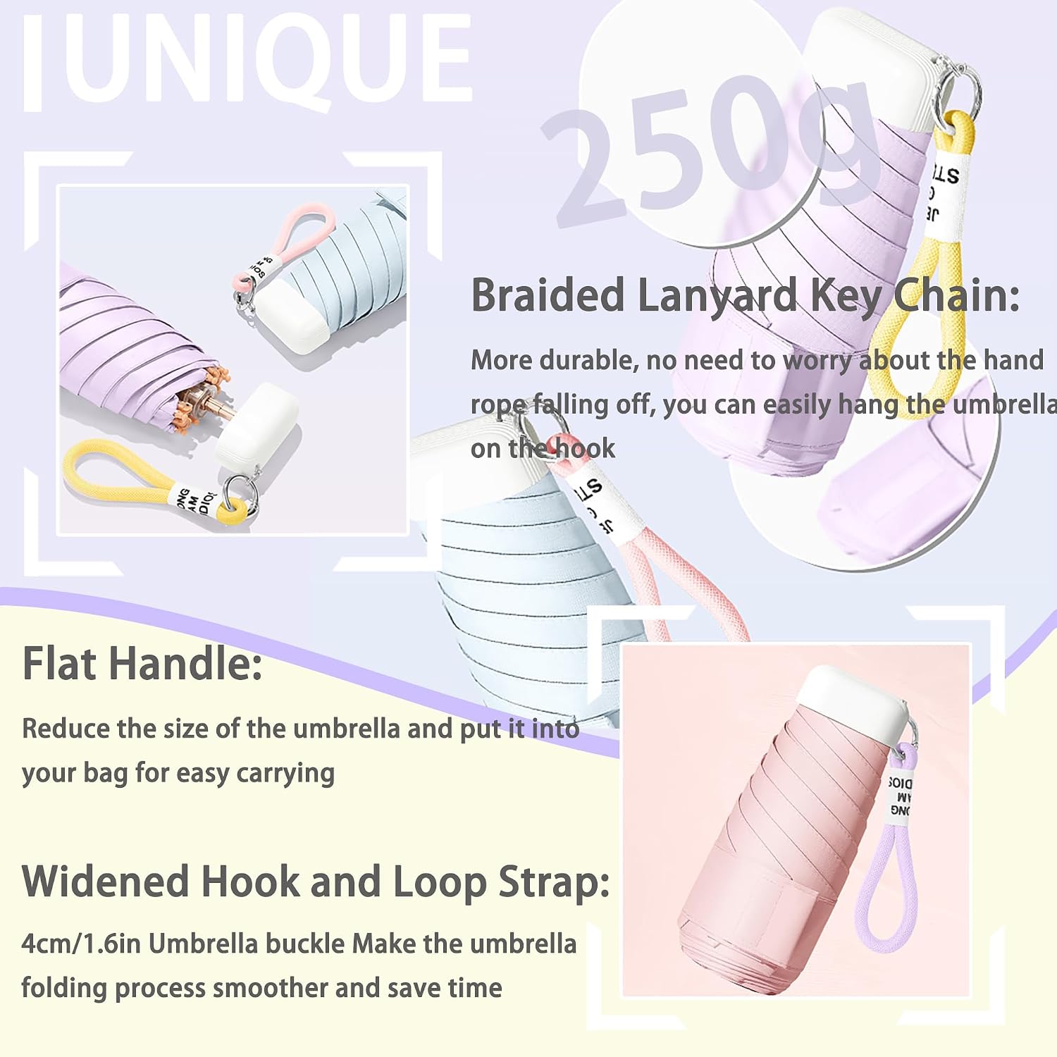 Thumbnail 3 de Macaron Style Mini Folding Travel Umbrella with Braided Lanyard Keychain and Flat Handle