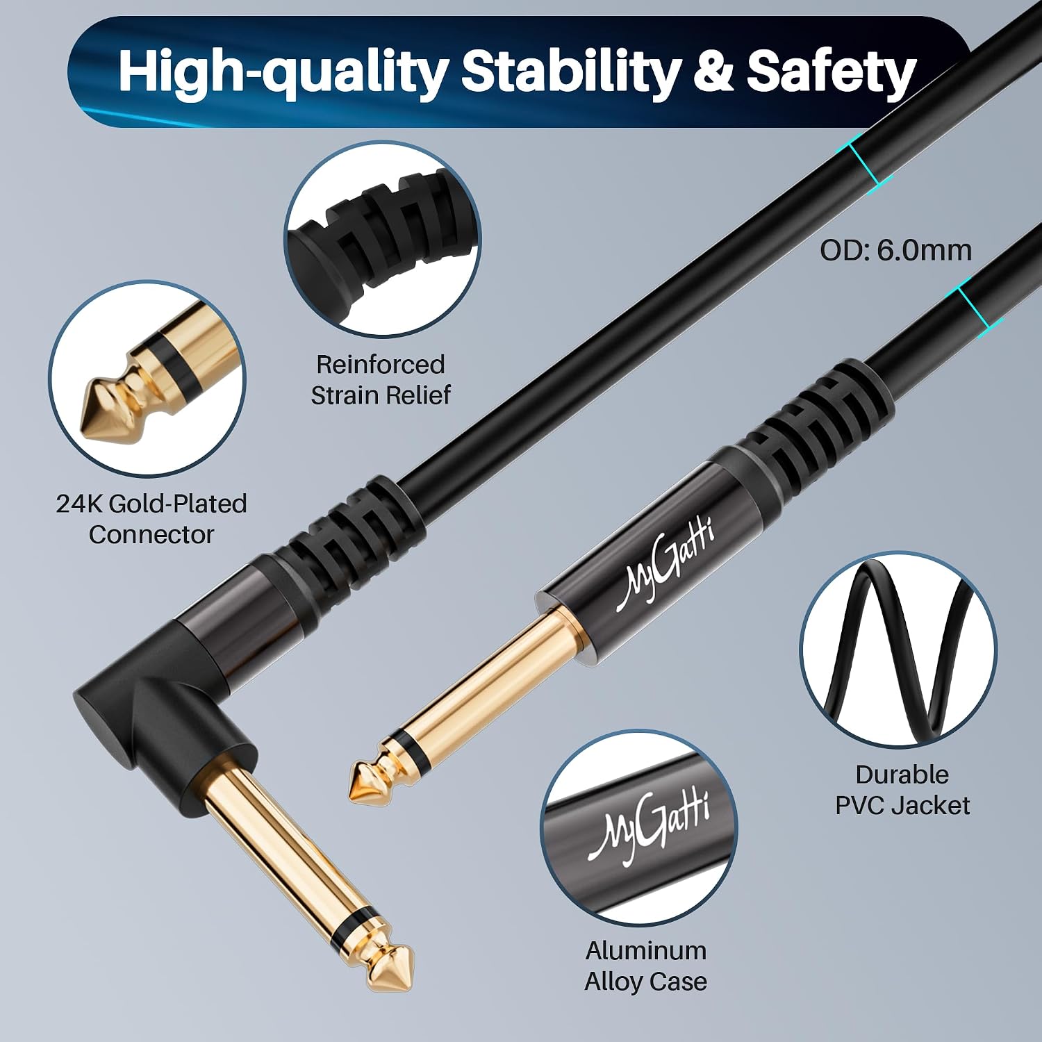 Detalle 2 de Mygatti 90° 6,35 mm Gitarrenkabel 10 m – robustes Mono-Audiokabel mit 1/4 Zoll Stecker
