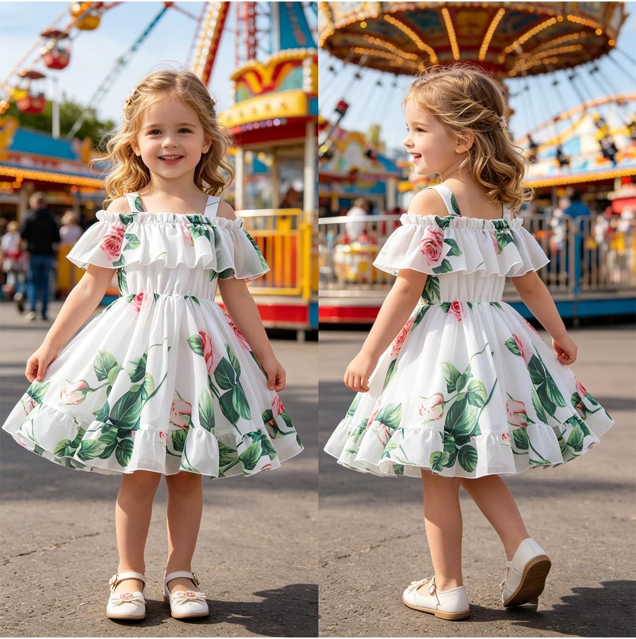 Detalle de JiAmy Toddler Girls Summer Dress – Floral Off-Shoulder Chiffon Ruffle Hem (1–6 Years)