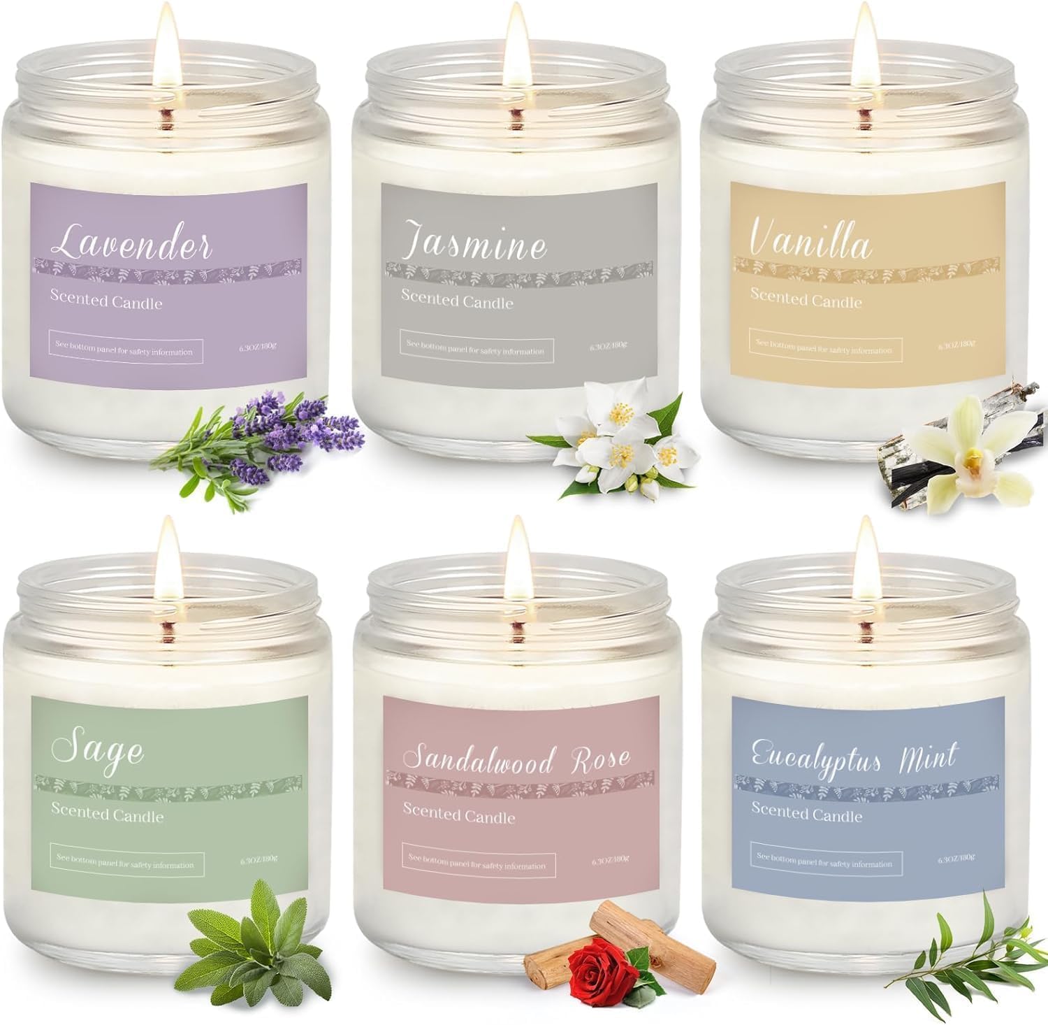 6 Pack Scented Candles Gift Set: Lavender, Jasmine, Vanilla, Sage, Sandalwood Rose, Eucalyptus Mint