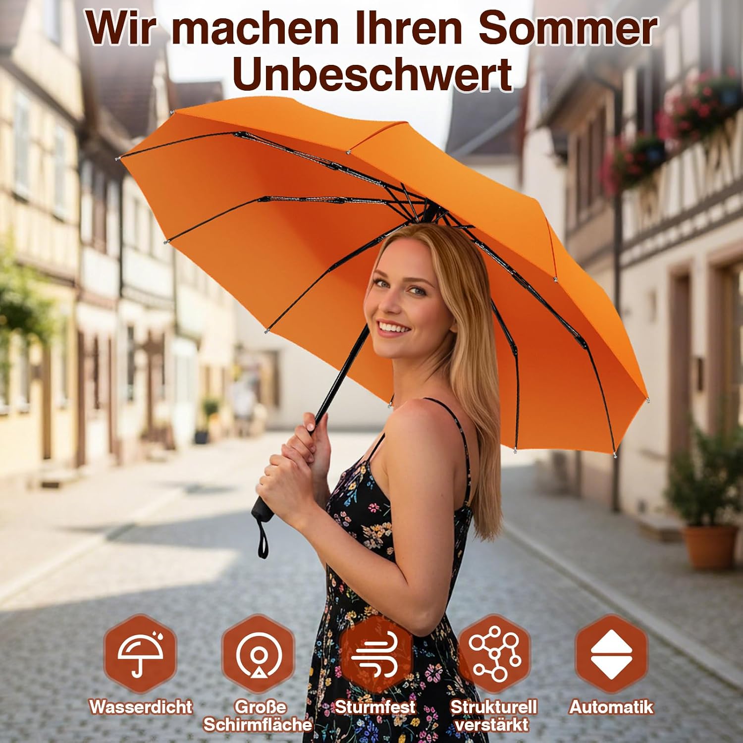 Detalle de ZOMAKE Regenschirm sturmfest – kompakt, windsicher und leicht (114 cm), Auf-Zu-Automatik