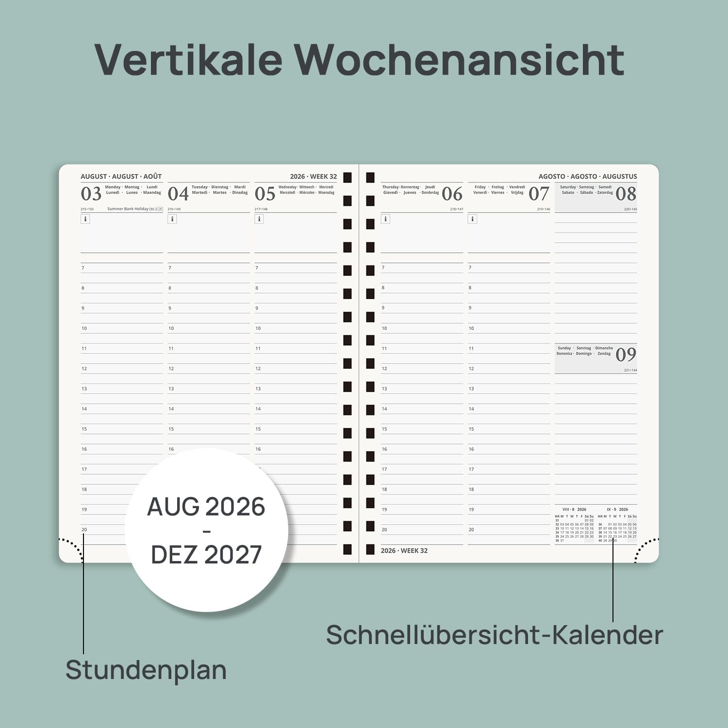 Thumbnail 2 de POPRUN Kalender 2026/2027 Wochenplaner (Aug.2026–Dez.2027) im Ringbuch, ca. A5 – Graugrün
